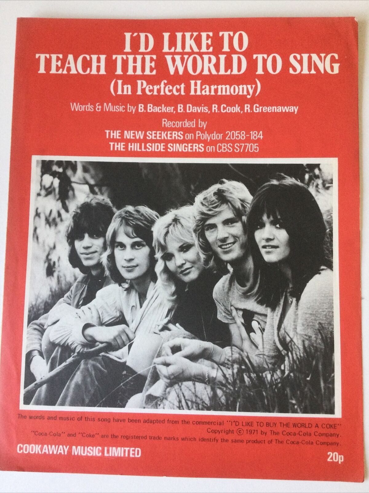 I’D LIKE TO TEACH THE WORLD TO SING Vintage Sheet Music The New Seekers 1971