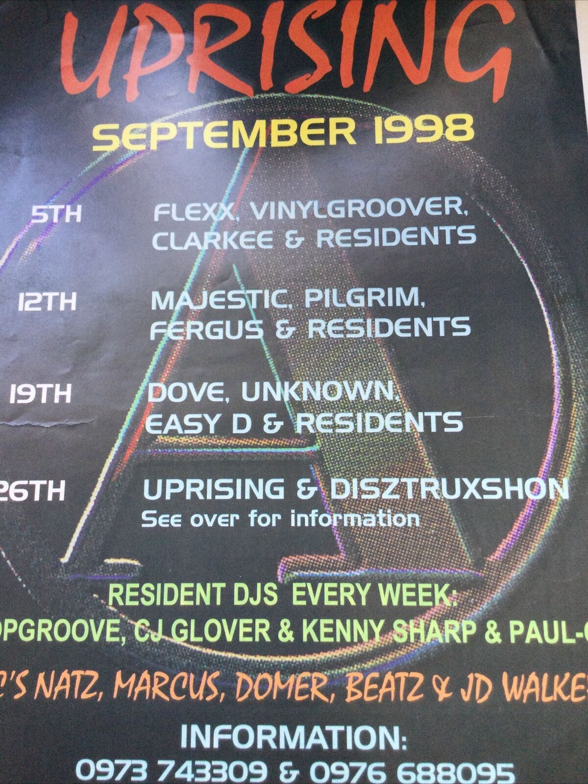 90s Y2K RAVE MEMORABILIA UPRISING ADELPHI SHEFFIELD Flyer SEPTEMBER 1998 FLEXX