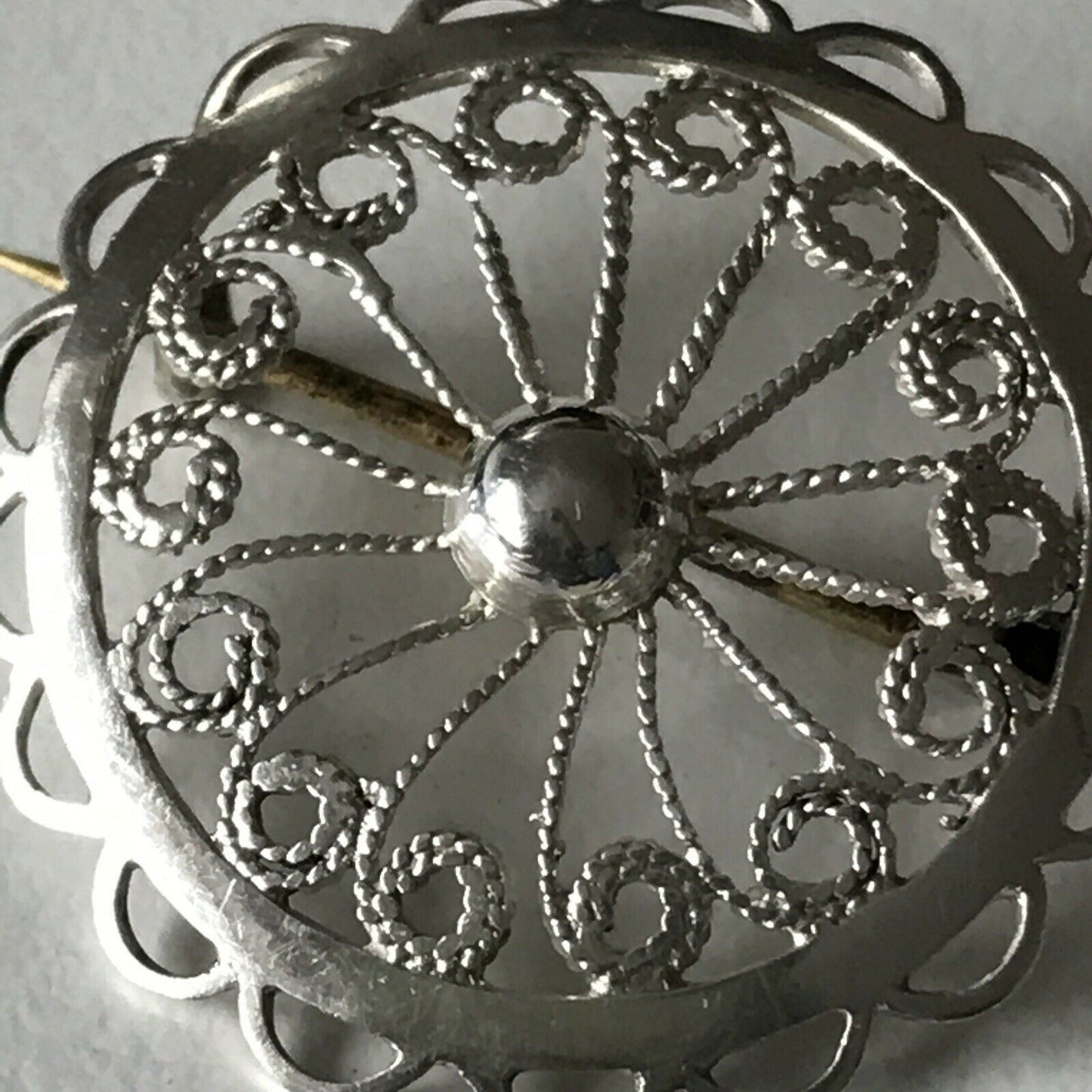 Small Silver Filigree Brooch Round Pretty. Non-Silver Pin. Ornate Swirls Circle