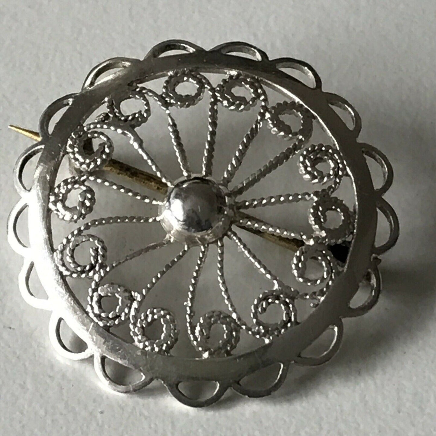 Small Silver Filigree Brooch Round Pretty. Non-Silver Pin. Ornate Swirls Circle