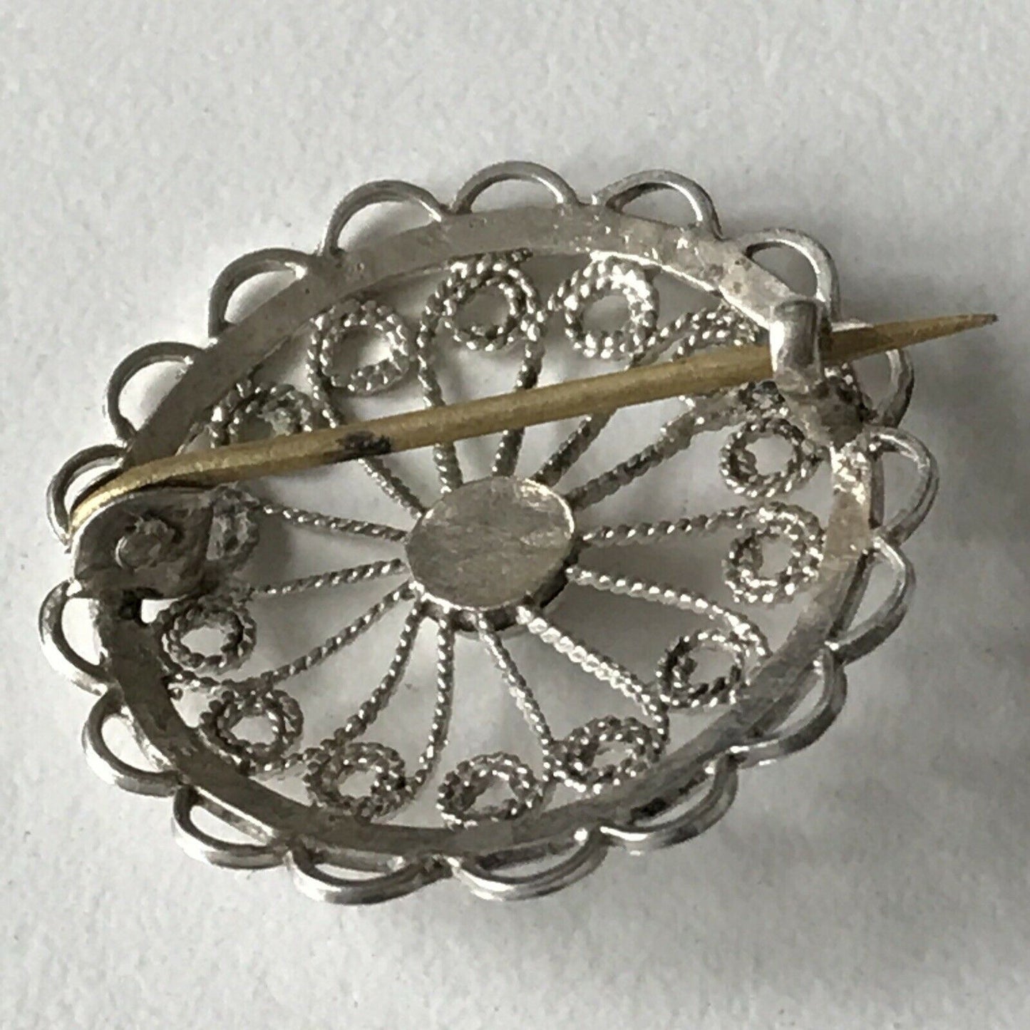 Small Silver Filigree Brooch Round Pretty. Non-Silver Pin. Ornate Swirls Circle