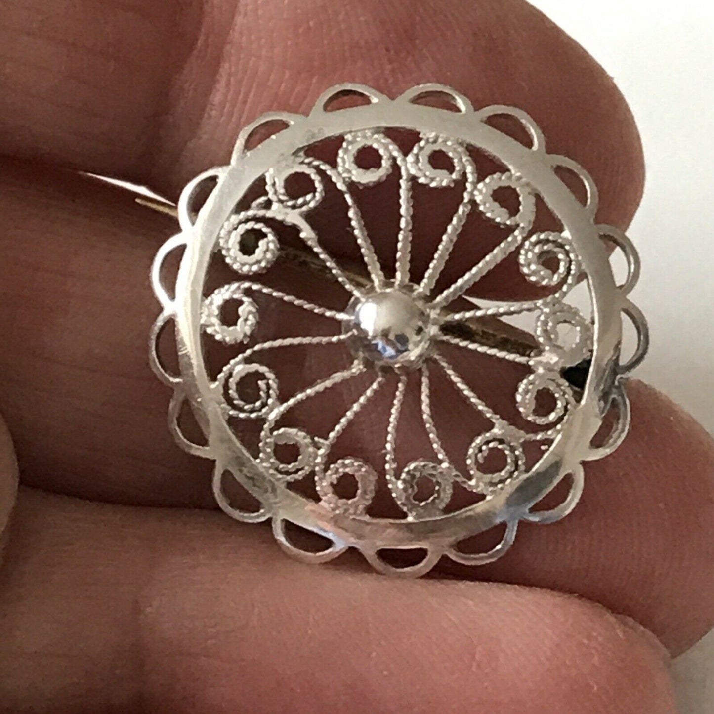 Small Silver Filigree Brooch Round Pretty. Non-Silver Pin. Ornate Swirls Circle