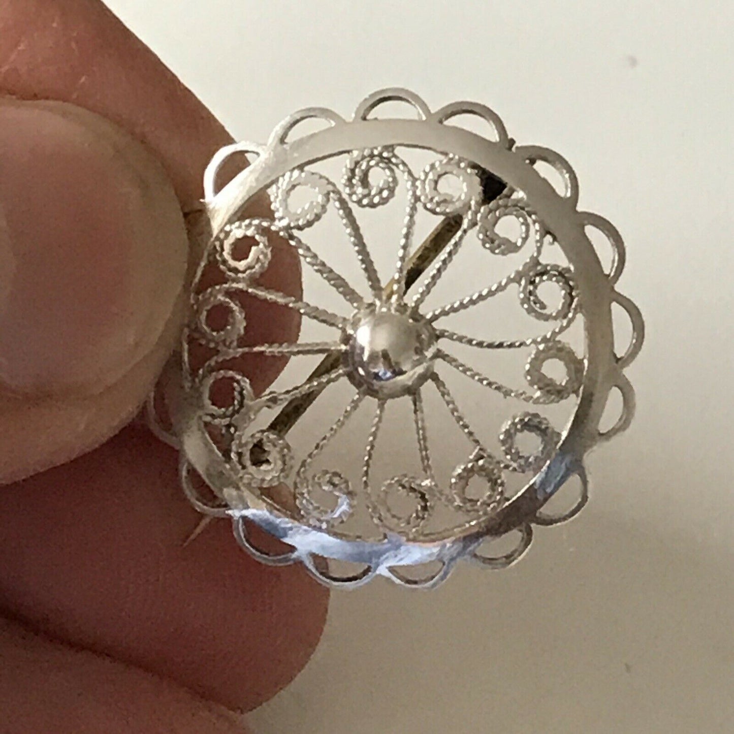 Small Silver Filigree Brooch Round Pretty. Non-Silver Pin. Ornate Swirls Circle