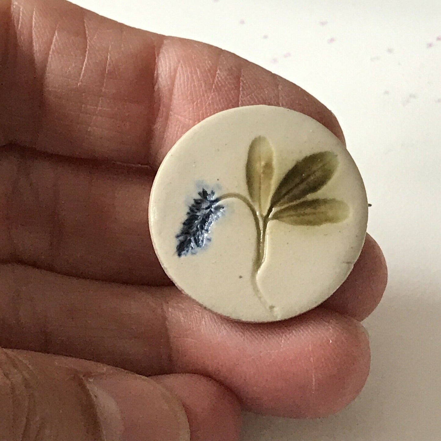 Small Round Clay Brooch Botanical Flower Herb Pretty Rustic Artisan Glazed