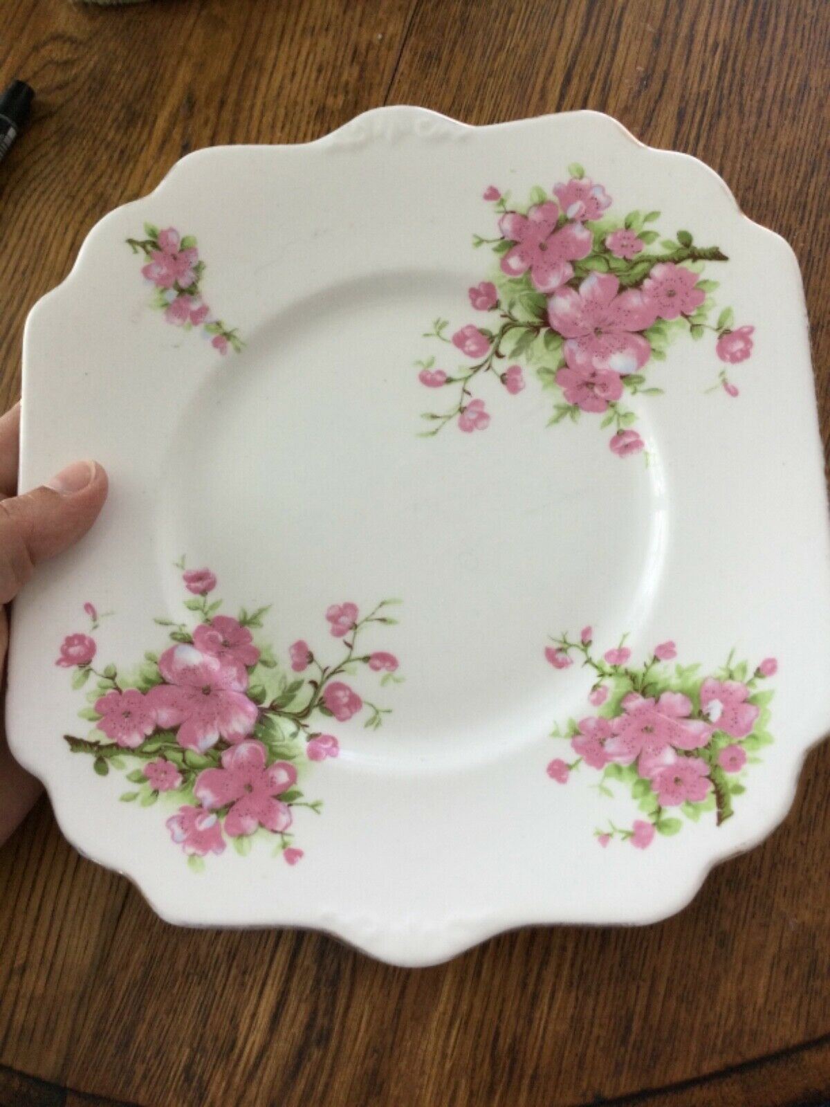 Pretty vintage pink and white square floral plate. English bone china. Apple/ cherry blossom.