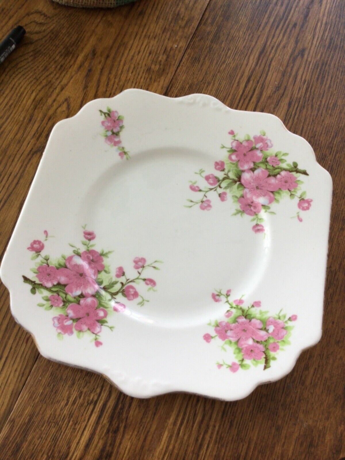 Pretty vintage pink and white square floral plate. English bone china. Apple/ cherry blossom.