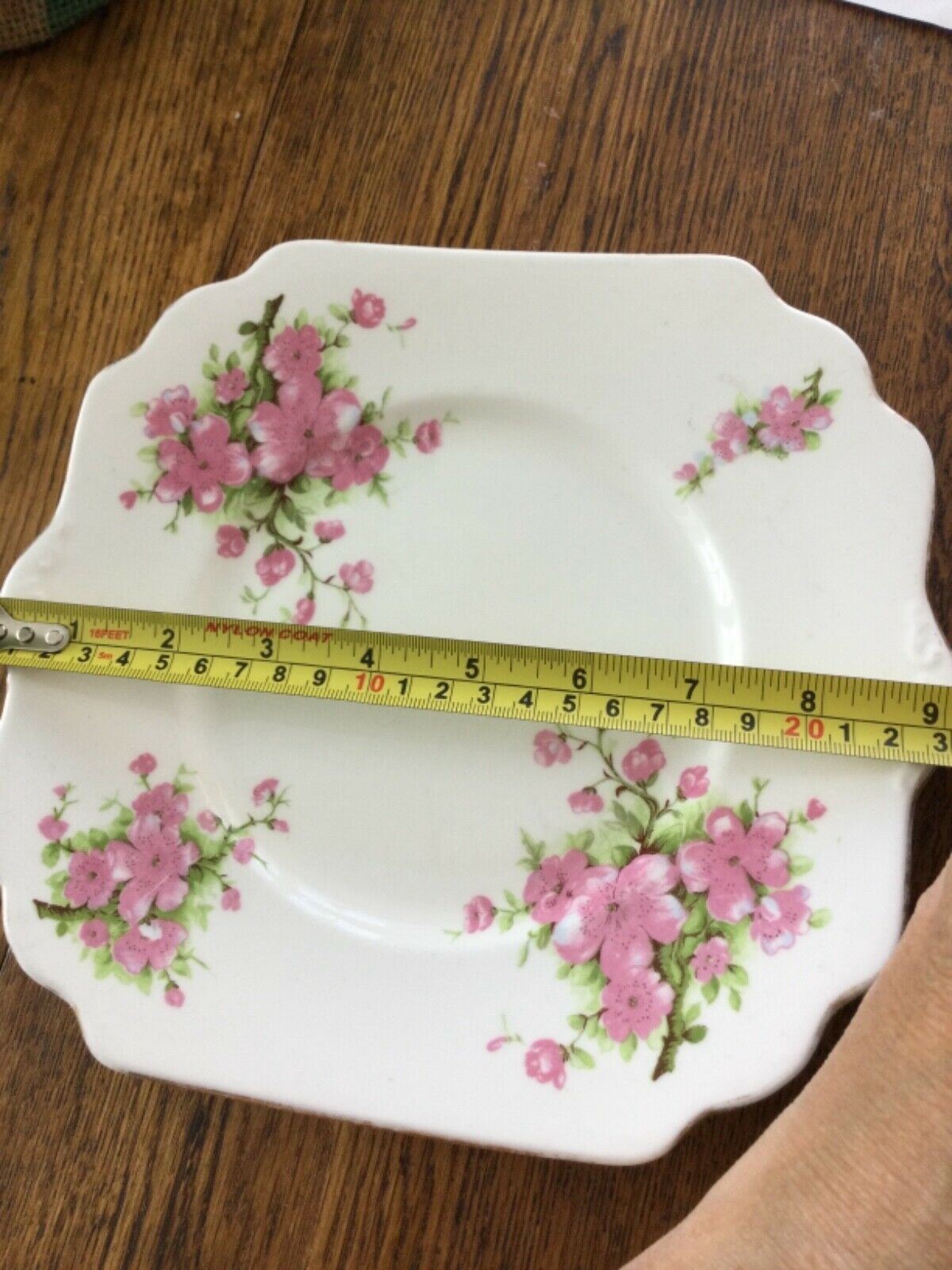 Pretty vintage pink and white square floral plate. English bone china. Apple/ cherry blossom.