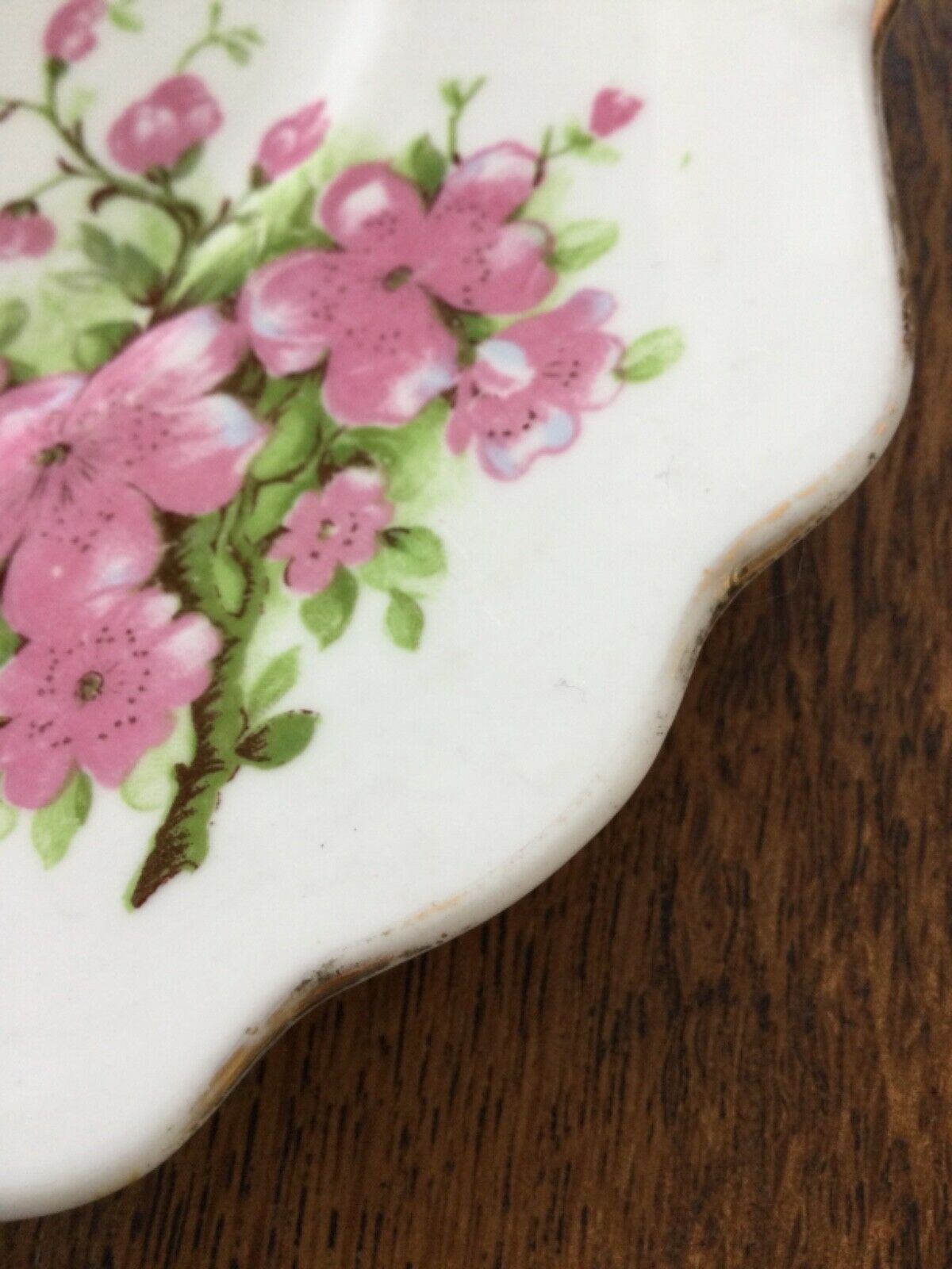 Pretty vintage pink and white square floral plate. English bone china. Apple/ cherry blossom.