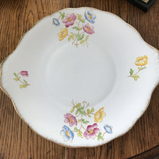 Royal Albert 'Anemone' Pretty Vintage Floral Cake Plate Fancy Edge Jolly Bright Colourful Gold