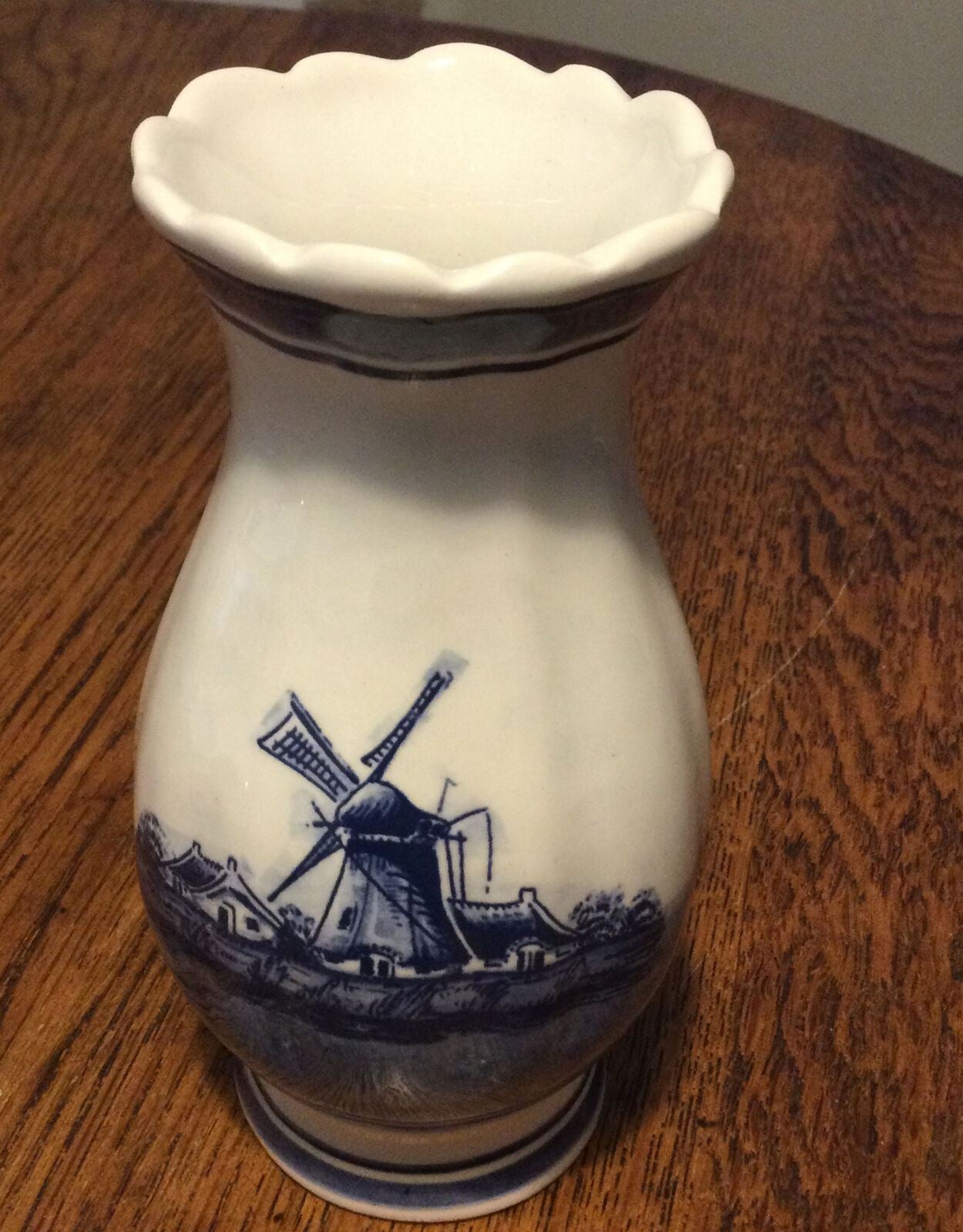 Delft Pottery Souvenir Posy Vase Holland Netherlands Blue White Windmill Flowers