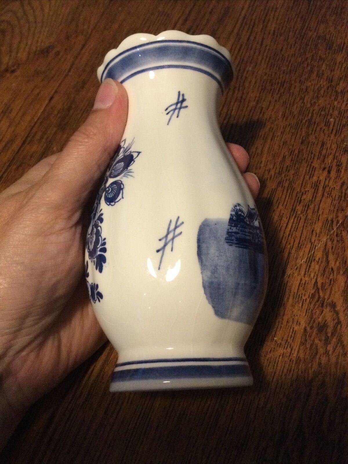 Delft Pottery Souvenir Posy Vase Holland Netherlands Blue White Windmill Flowers