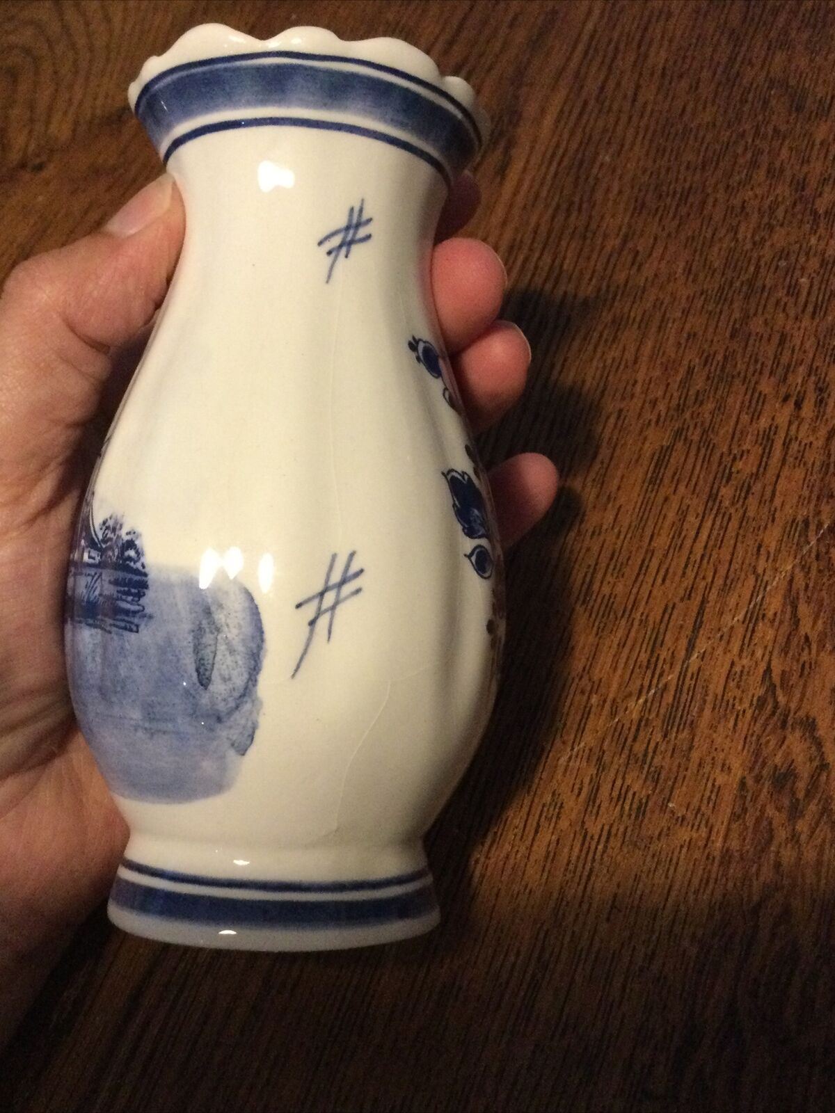 Delft Pottery Souvenir Posy Vase Holland Netherlands Blue White Windmill Flowers