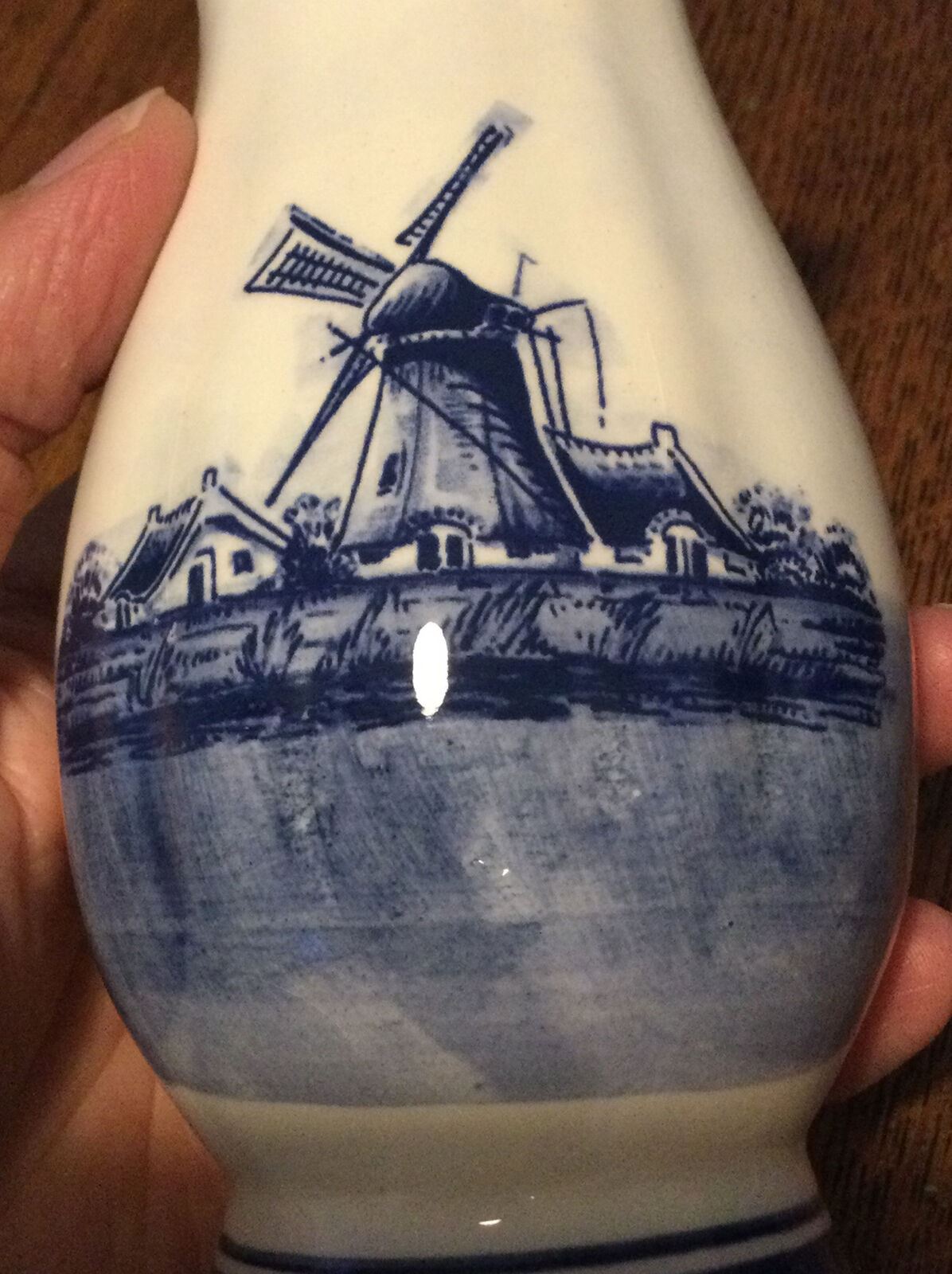 Delft Pottery Souvenir Posy Vase Holland Netherlands Blue White Windmill Flowers