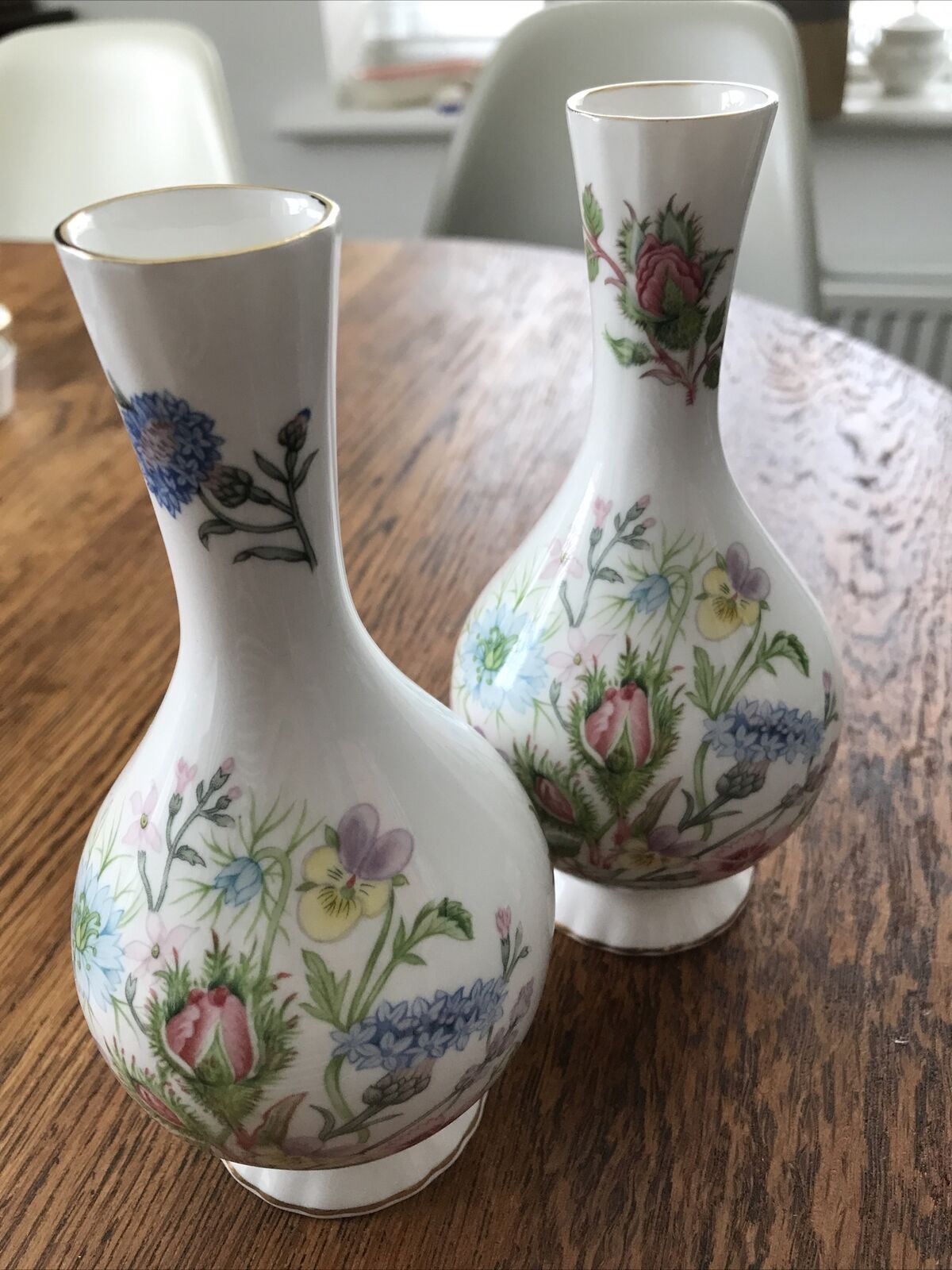 Pair Of Vintage Aynsley Wild Tudor Bud Vases Pretty Floral Bone China Violets Cornflower 1990s