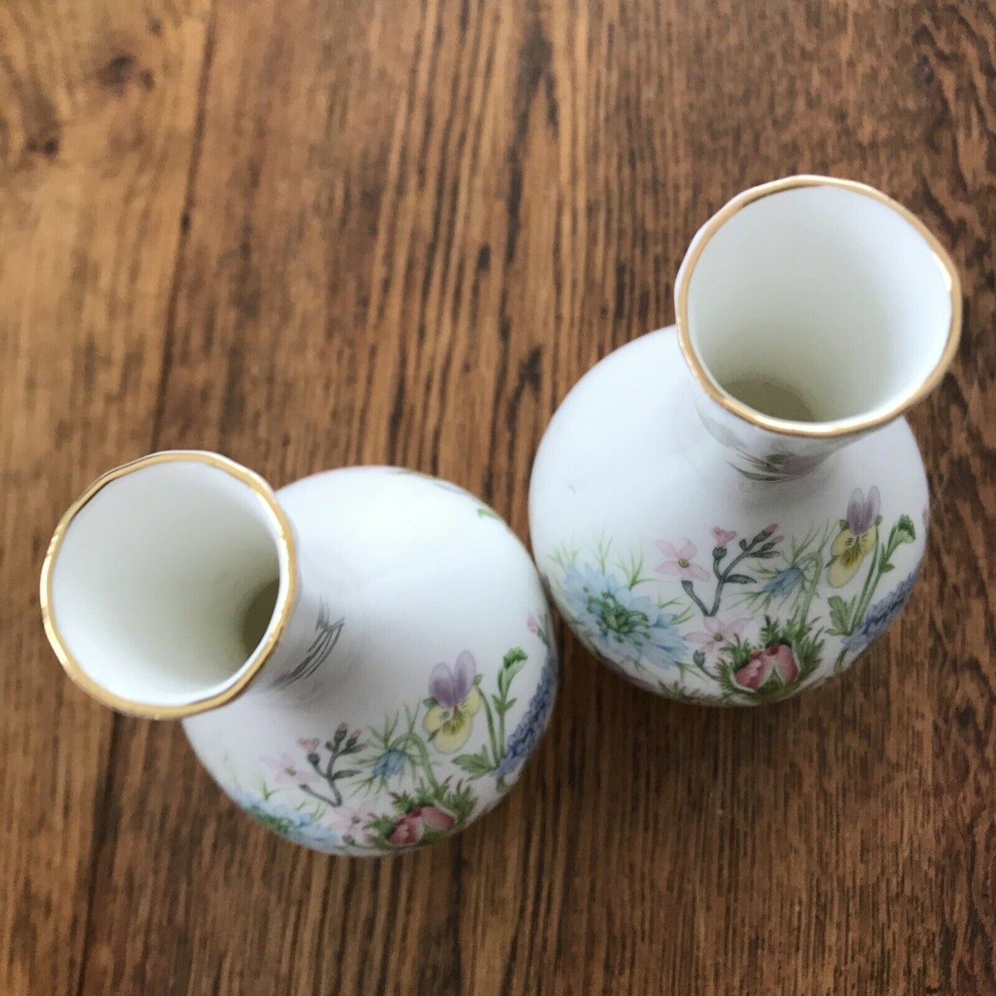 Pair Of Vintage Aynsley Wild Tudor Bud Vases Pretty Floral Bone China Violets Cornflower 1990s