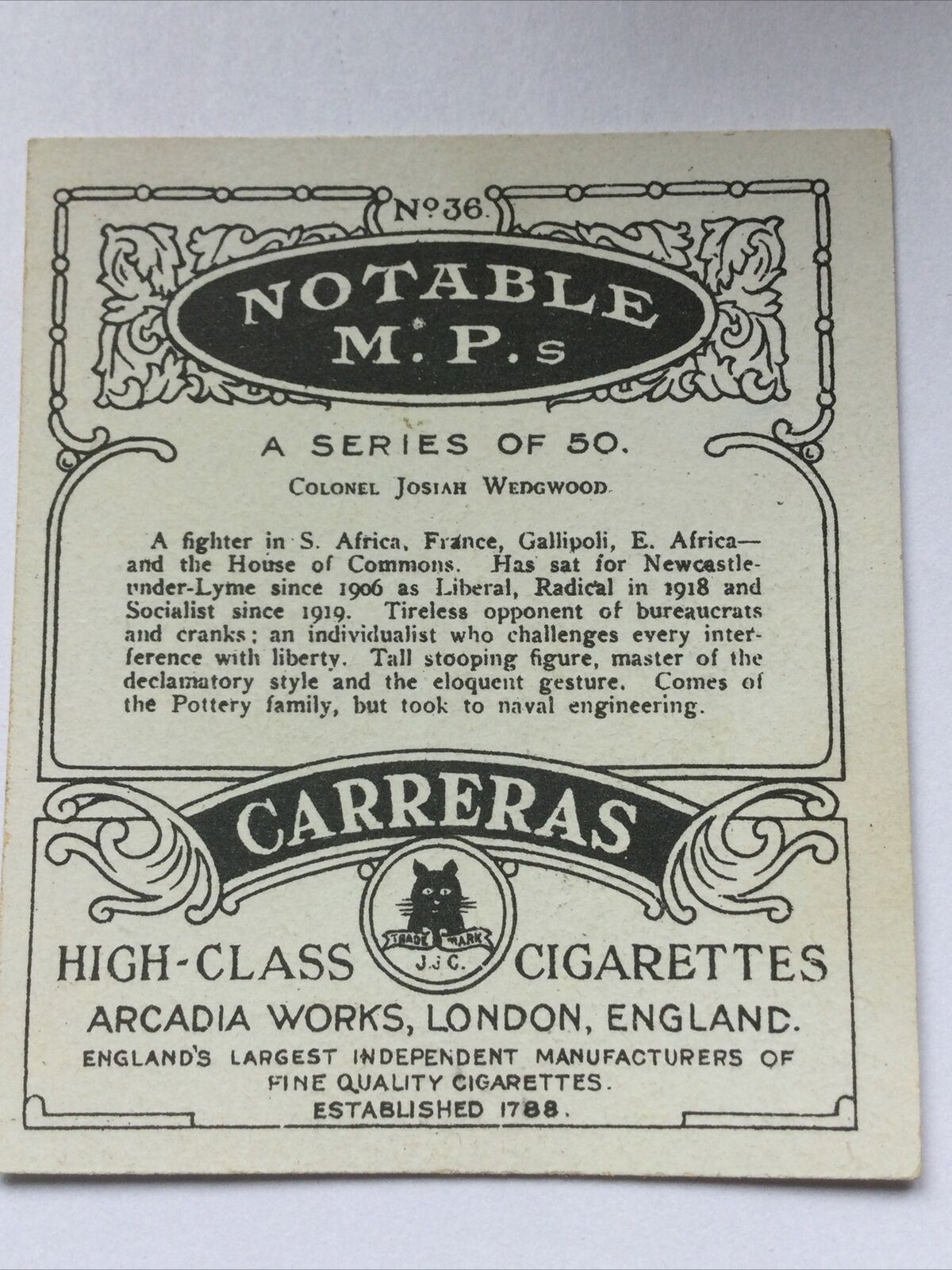 Carreras Large Cigarette Card Notable MPs COLONEL JOSIAH WEDGWOOD Newcastle Lyme