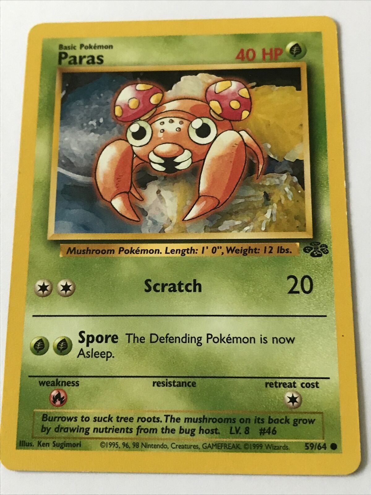 Vintage Pokemon Card 1999 PARAS  59/64 Basic HP40 Mushroom Played