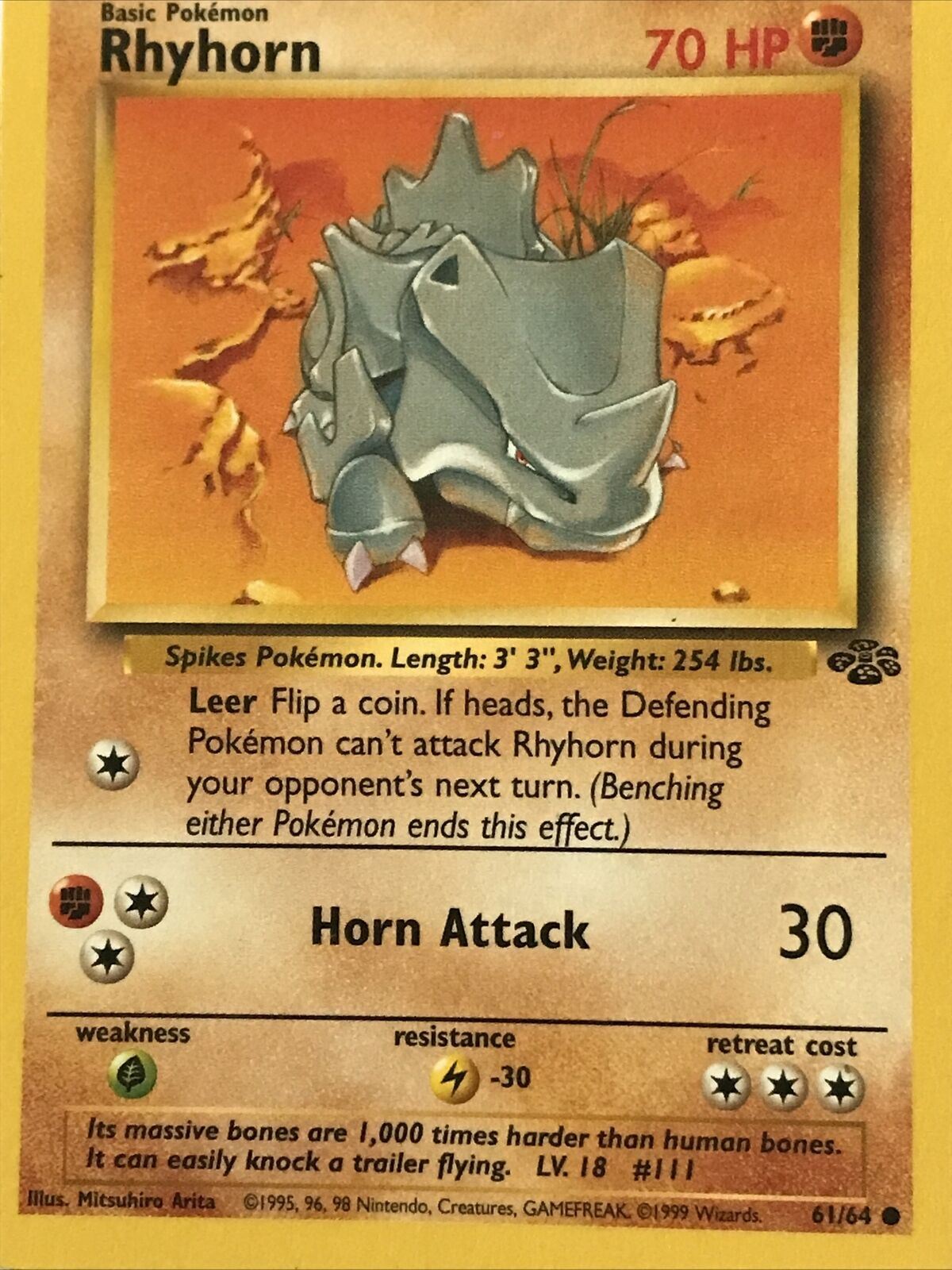 Vintage Pokemon Card 1999 RHYHORN  61/64 Basic HP70 Played Spikes