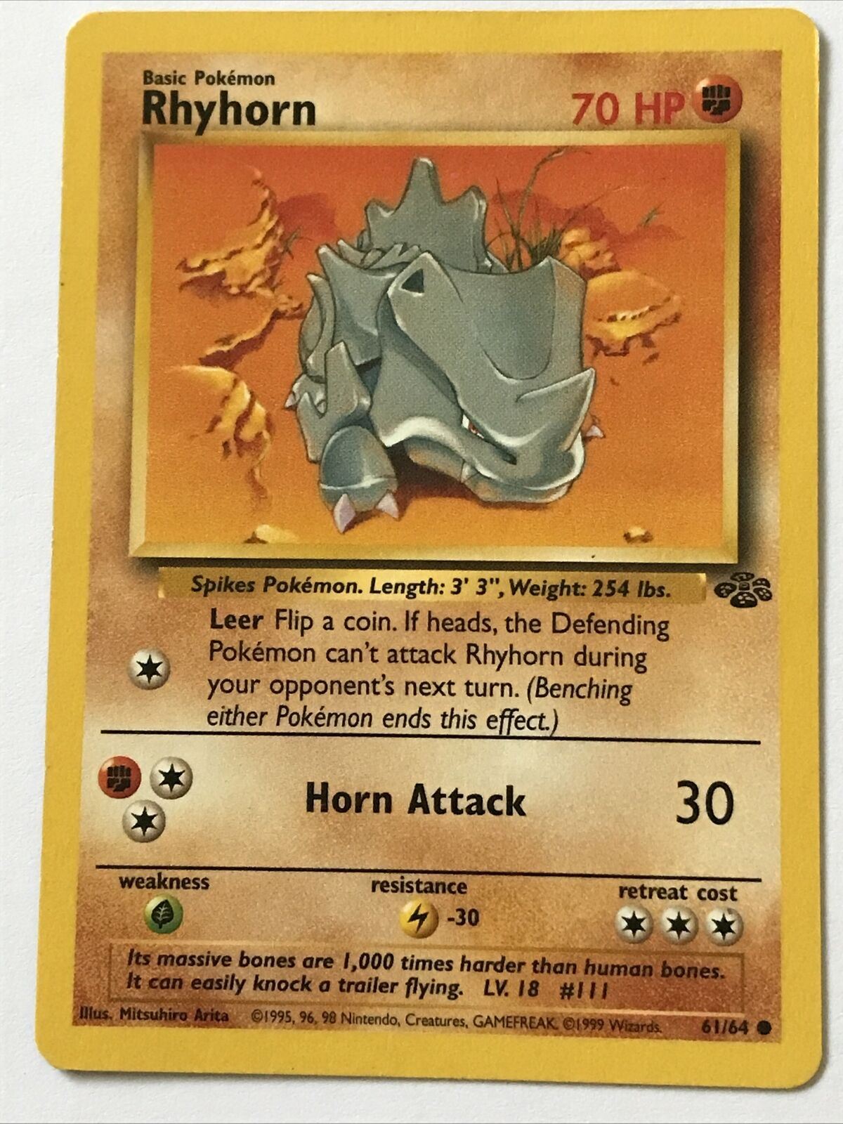 Vintage Pokemon Card 1999 RHYHORN  61/64 Basic HP70 Played Spikes