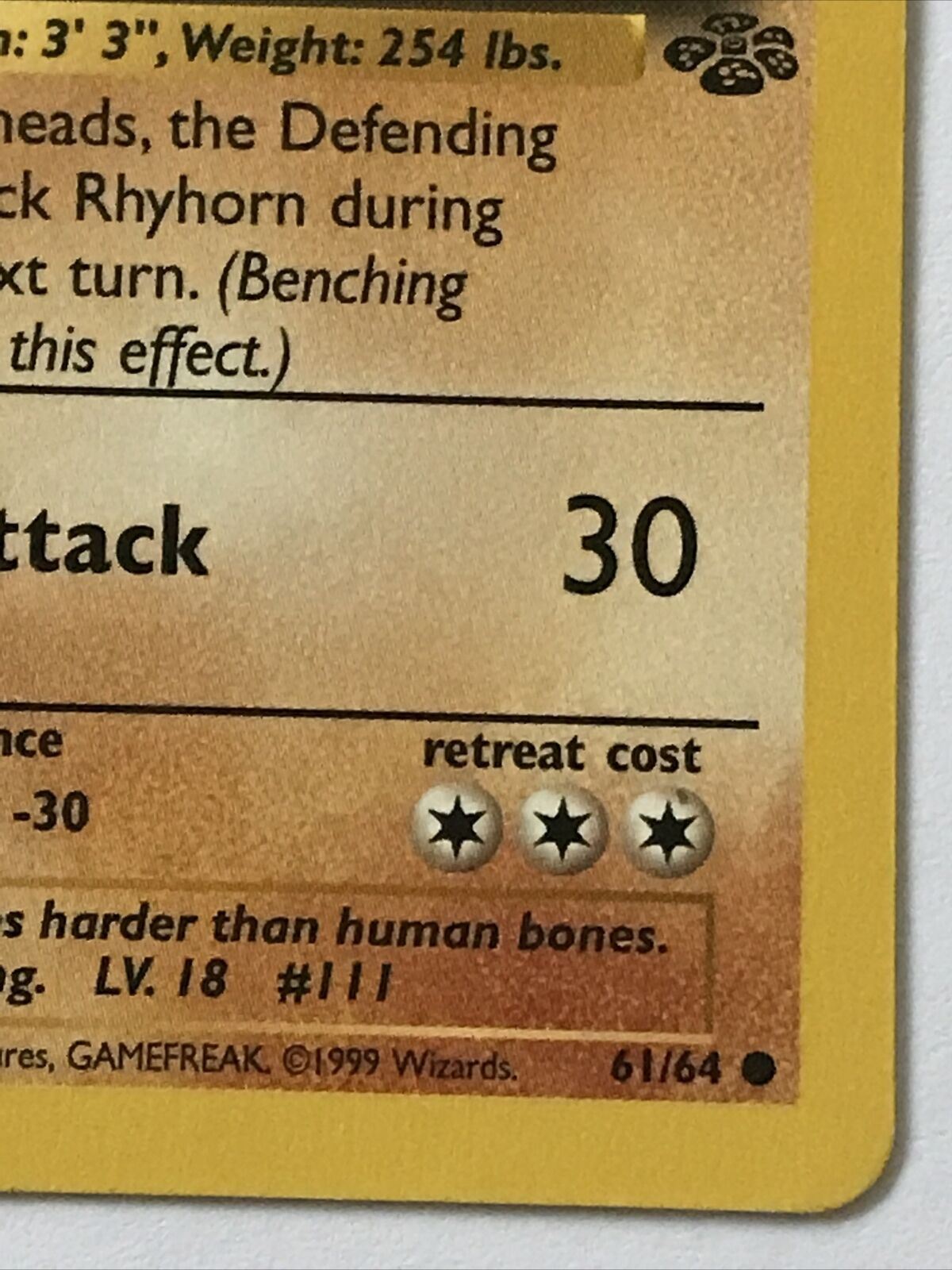 Vintage Pokemon Card 1999 RHYHORN  61/64 Basic HP70 Played Spikes