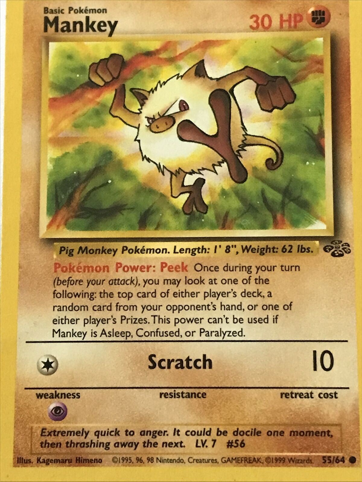 Vintage Pokemon Card 1999 MANKEY  55/64 Basic HP30 Played Pig Monkey Wizards