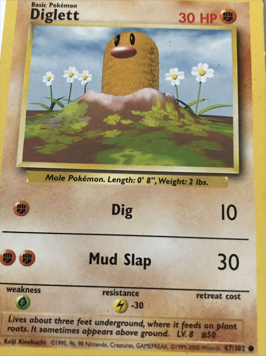 Vintage Pokemon Card 1999 DIGLETT 47/102 Basic HP30 Played Mole