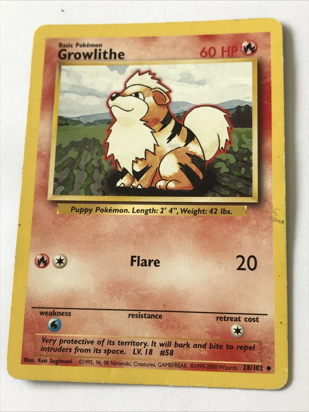 Vintage Pokemon Card GROWLITHE 28/102 1999 - 2000 Played Basic 60HP Wizards WOTC