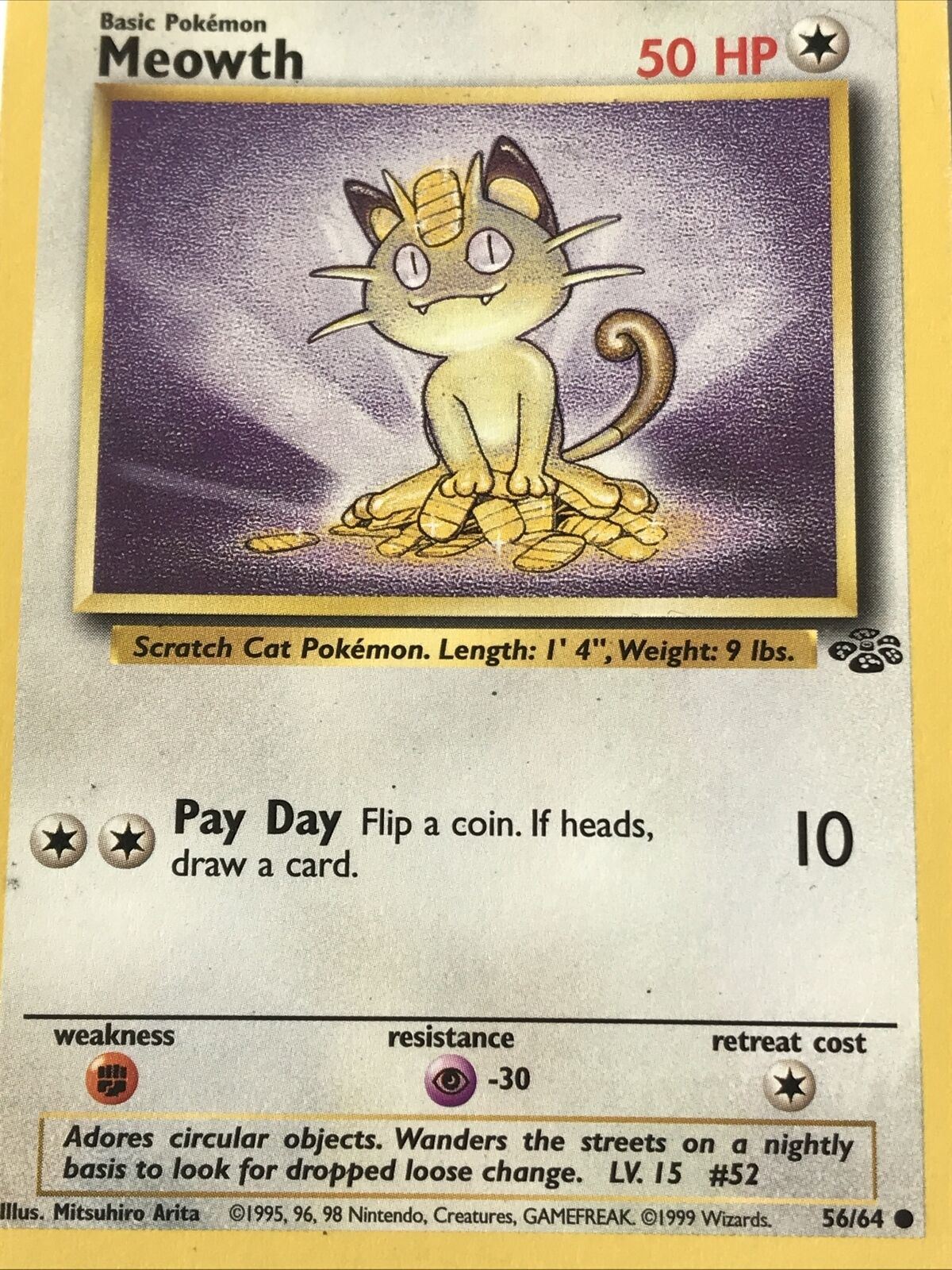 Vintage Pokemon card MEOWTH 56/64 Wizards 1999 Played Basic WOTC