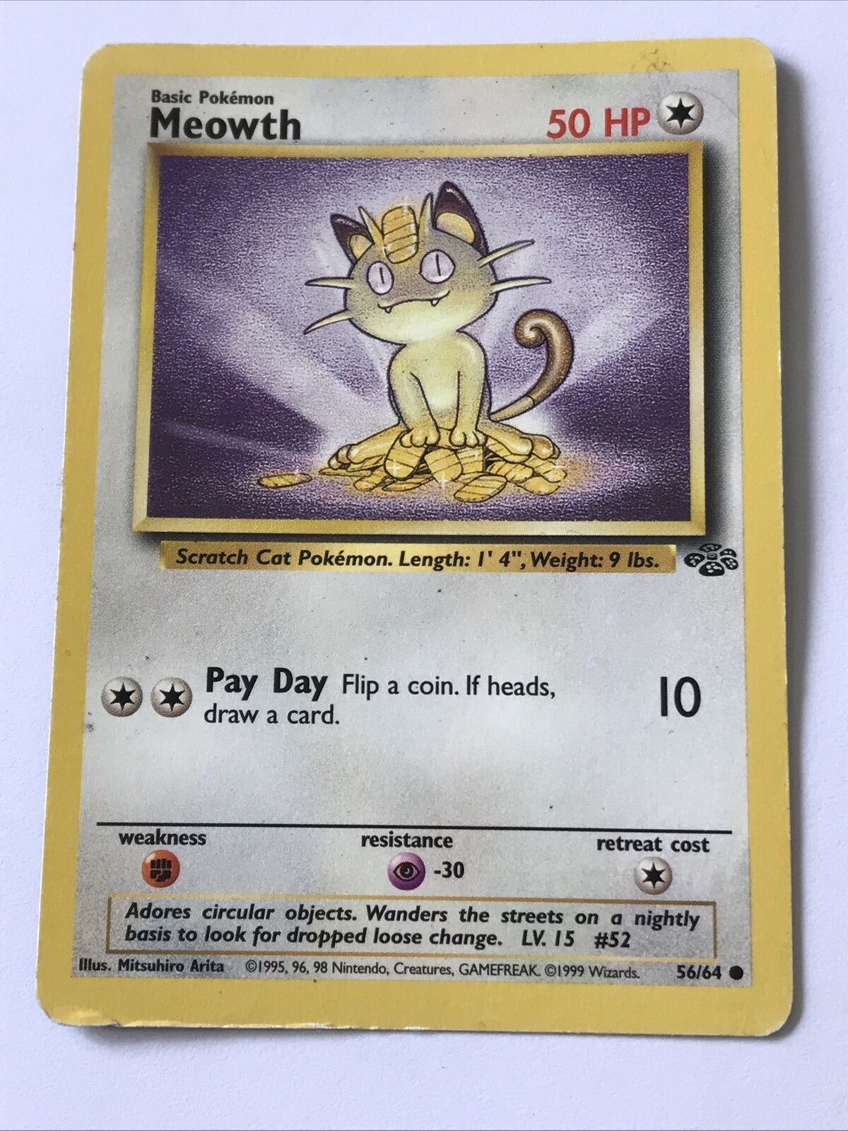 Vintage Pokemon card MEOWTH 56/64 Wizards 1999 Played Basic WOTC