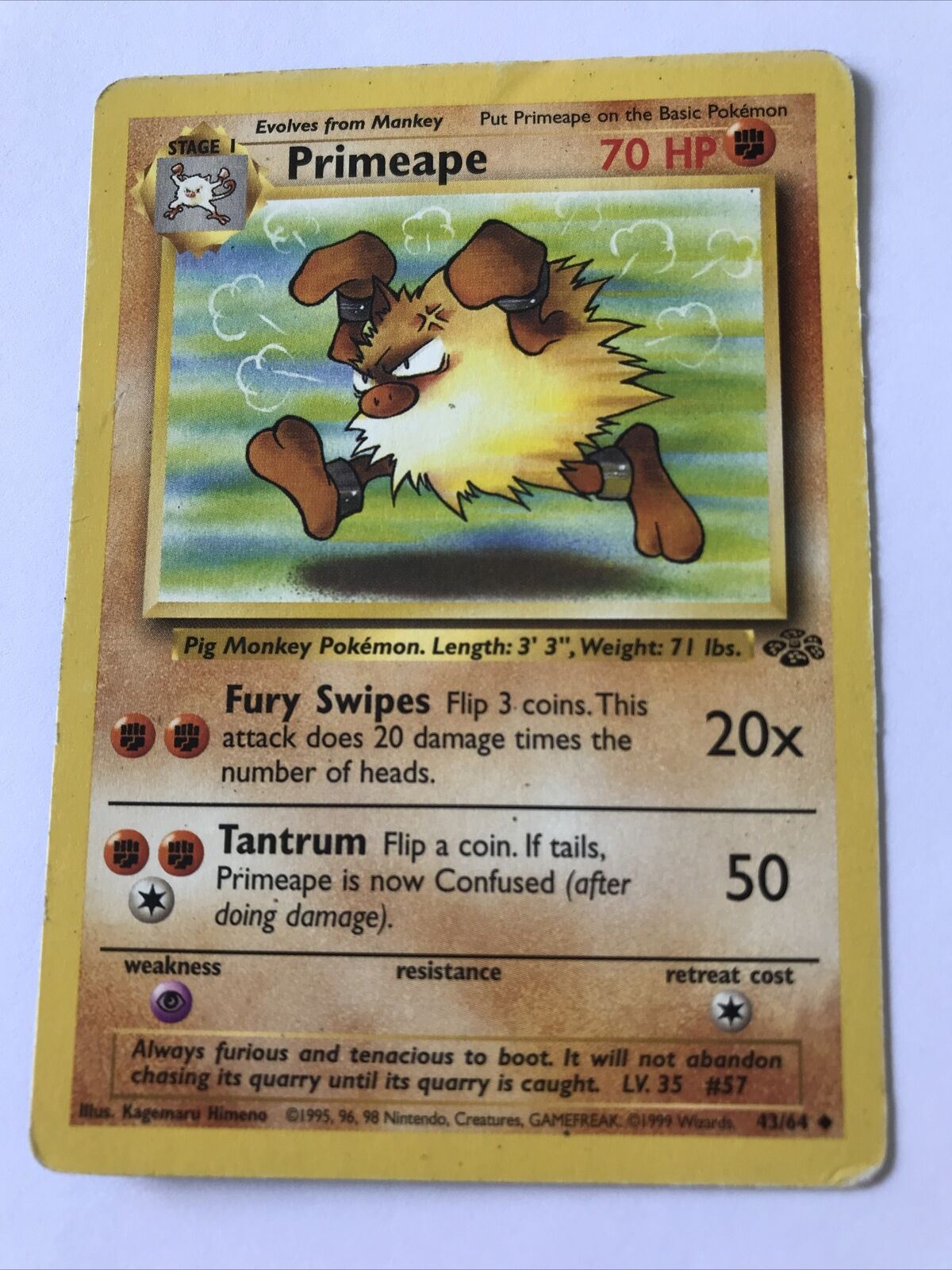 Vintage Pokemon card 43/64 PRIMEAPE Wizards 1999 Played  WOTC Stage 1 Evolve