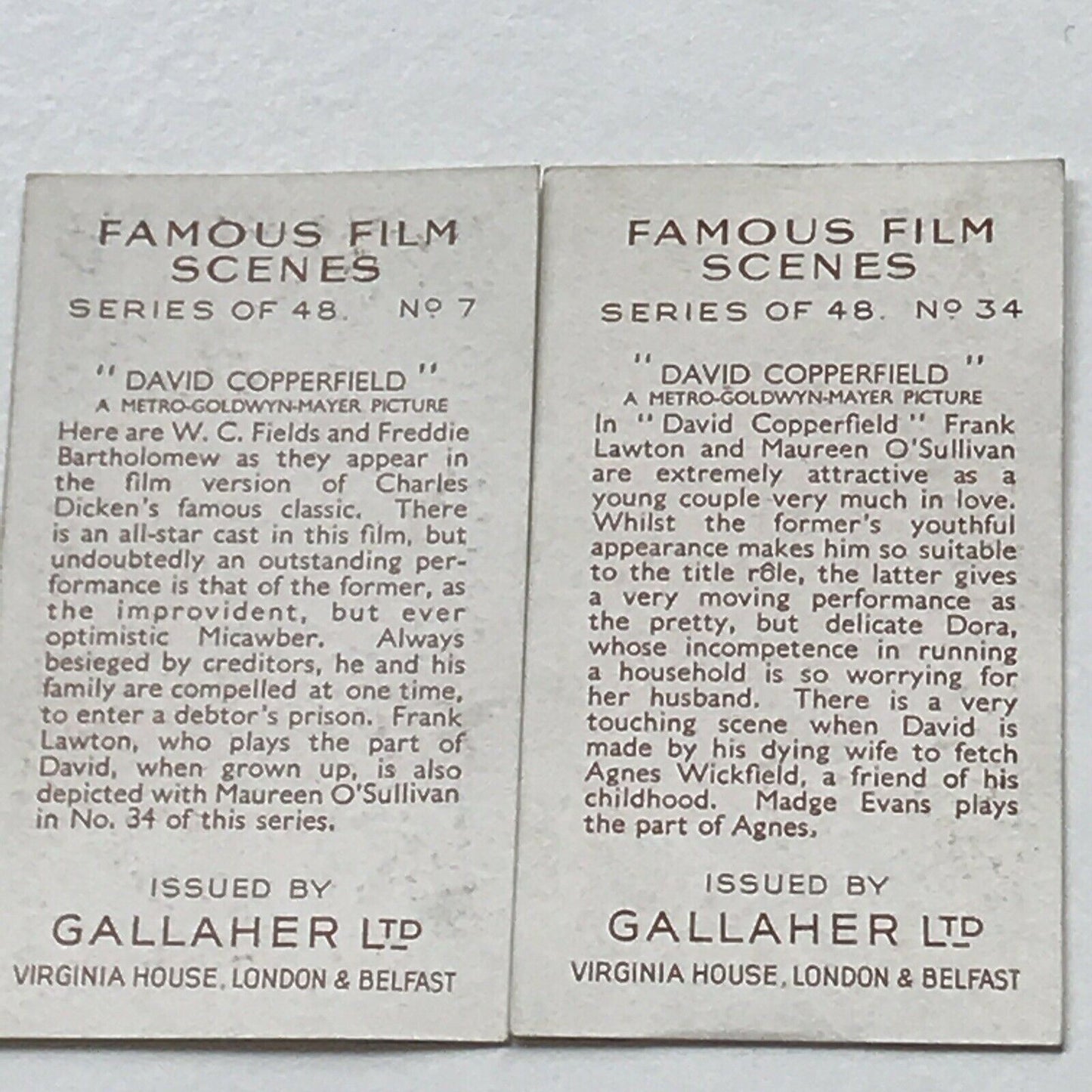 MGM DAVUD COPPERFIELD FILM MOVIE MEMORABILIA. 2 x Cigarette Cards Gallaher