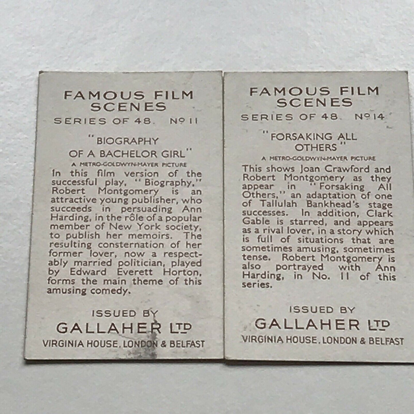 MGM ROBERT MONTGOMERY  FILM MOVIE MEMORABILIA. 2 x Cigarette Cards Gallaher