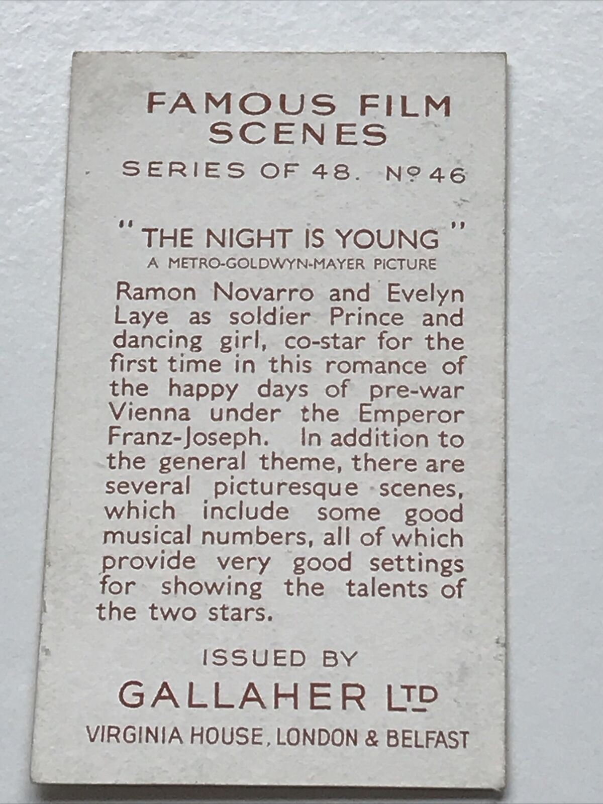 MGM The Night Is Young FILM MOVIE MEMORABILIA. Cigarette Card Gallaher Famous