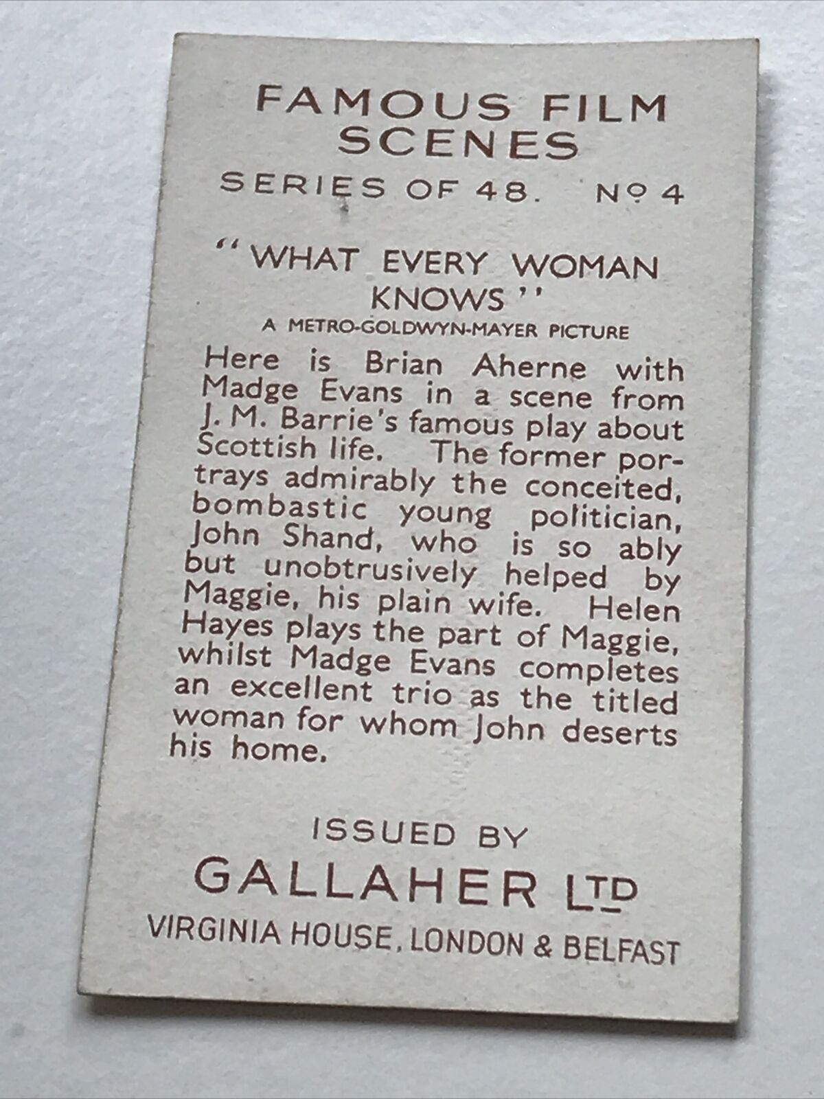 MGM What Every Woman Knows MOVIE MEMORABILIA. Cigarette Card Gallaher Famous