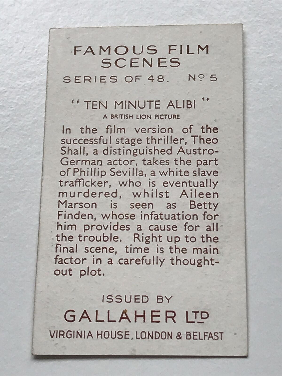 Ten Minute Alibi MOVIE MEMORABILIA. Cigarette Cards Gallaher Famous Film Scenes