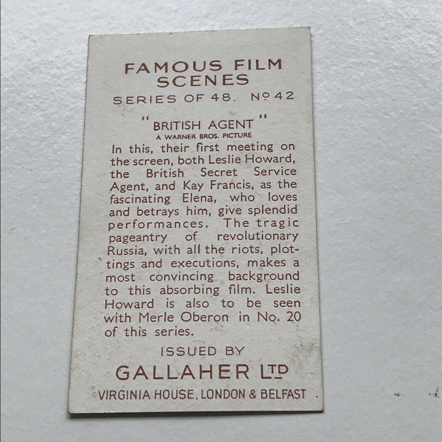 Warner Brothers MOVIE MEMORABILIA. Cigarette Cards Gallaher Famous Film Scenes