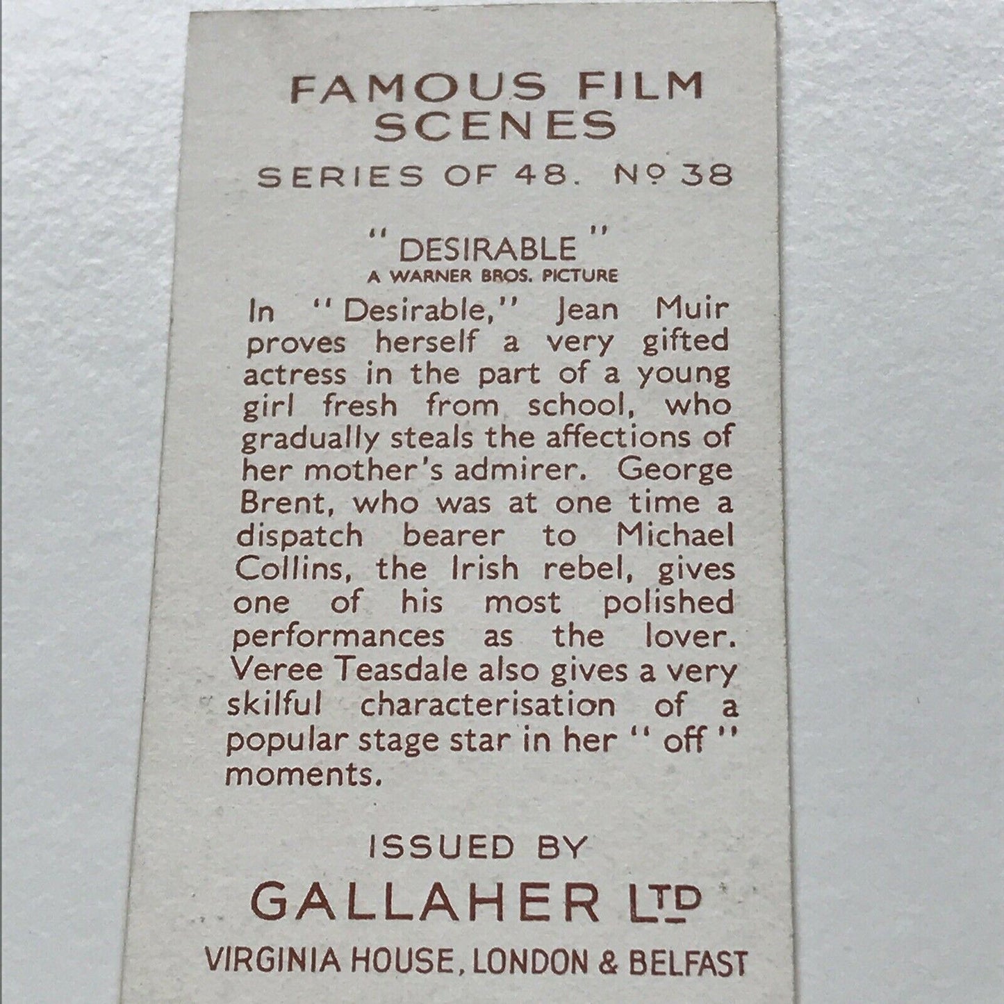 Warner Brothers MOVIE MEMORABILIA. Cigarette Cards Gallaher Famous Film Scenes