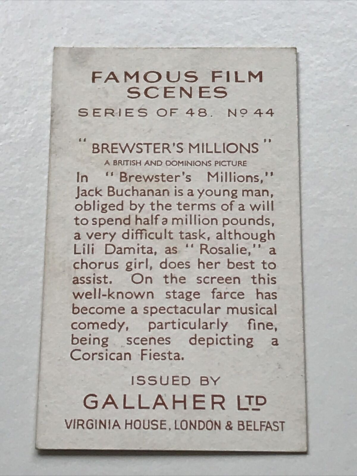 Brewster’s Millions MOVIE MEMORABILIA. Cigarette Card Gallaher Famous Film Scene