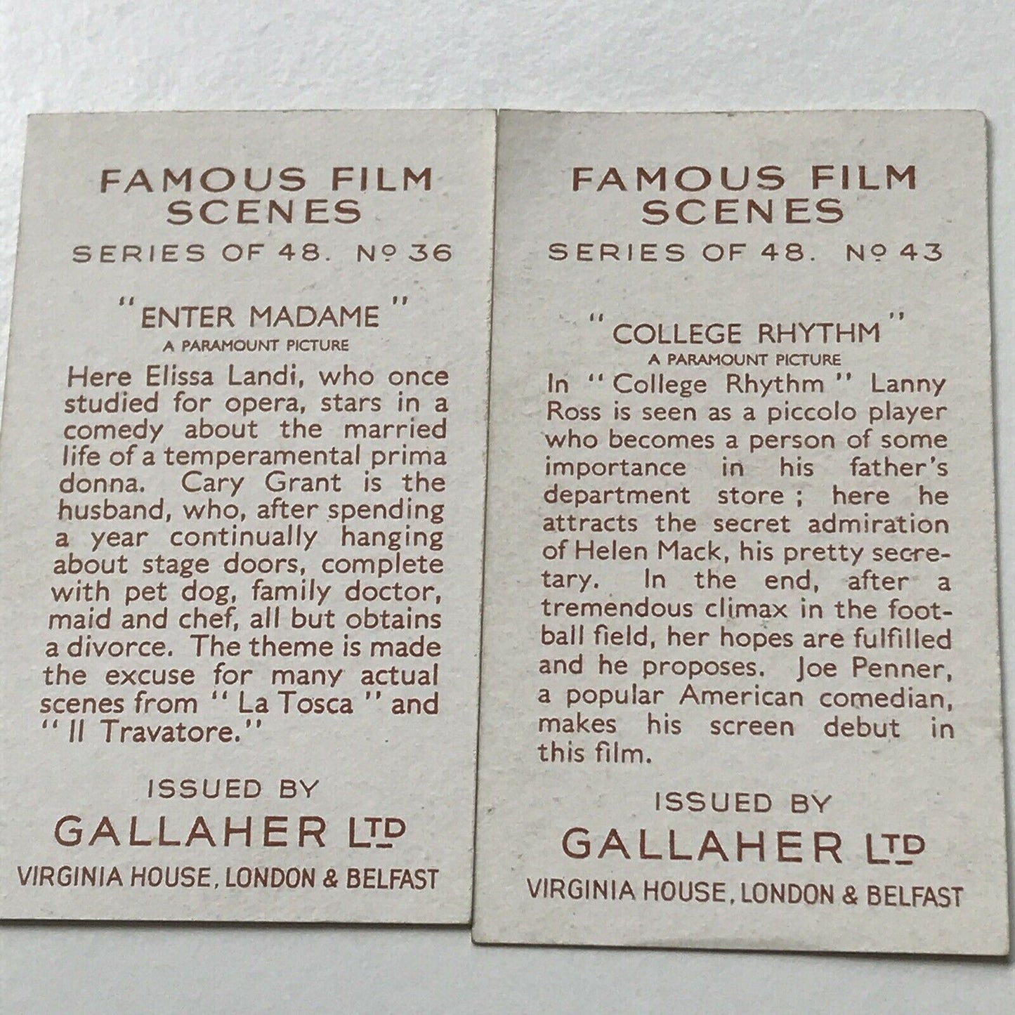 Set Of 5 Gallaher Cigarette Cards Famous Film Scenes 12 16 36 39 43 Paramount