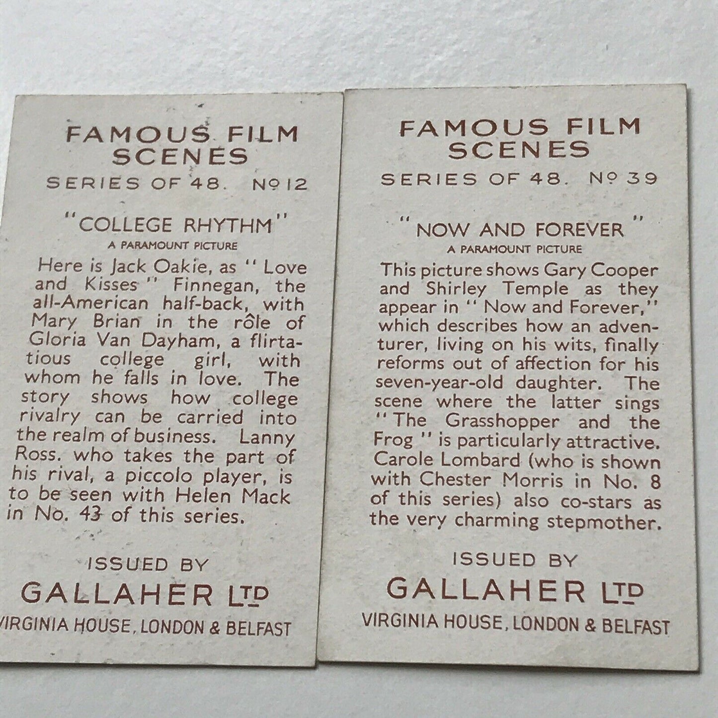 Set Of 5 Gallaher Cigarette Cards Famous Film Scenes 12 16 36 39 43 Paramount