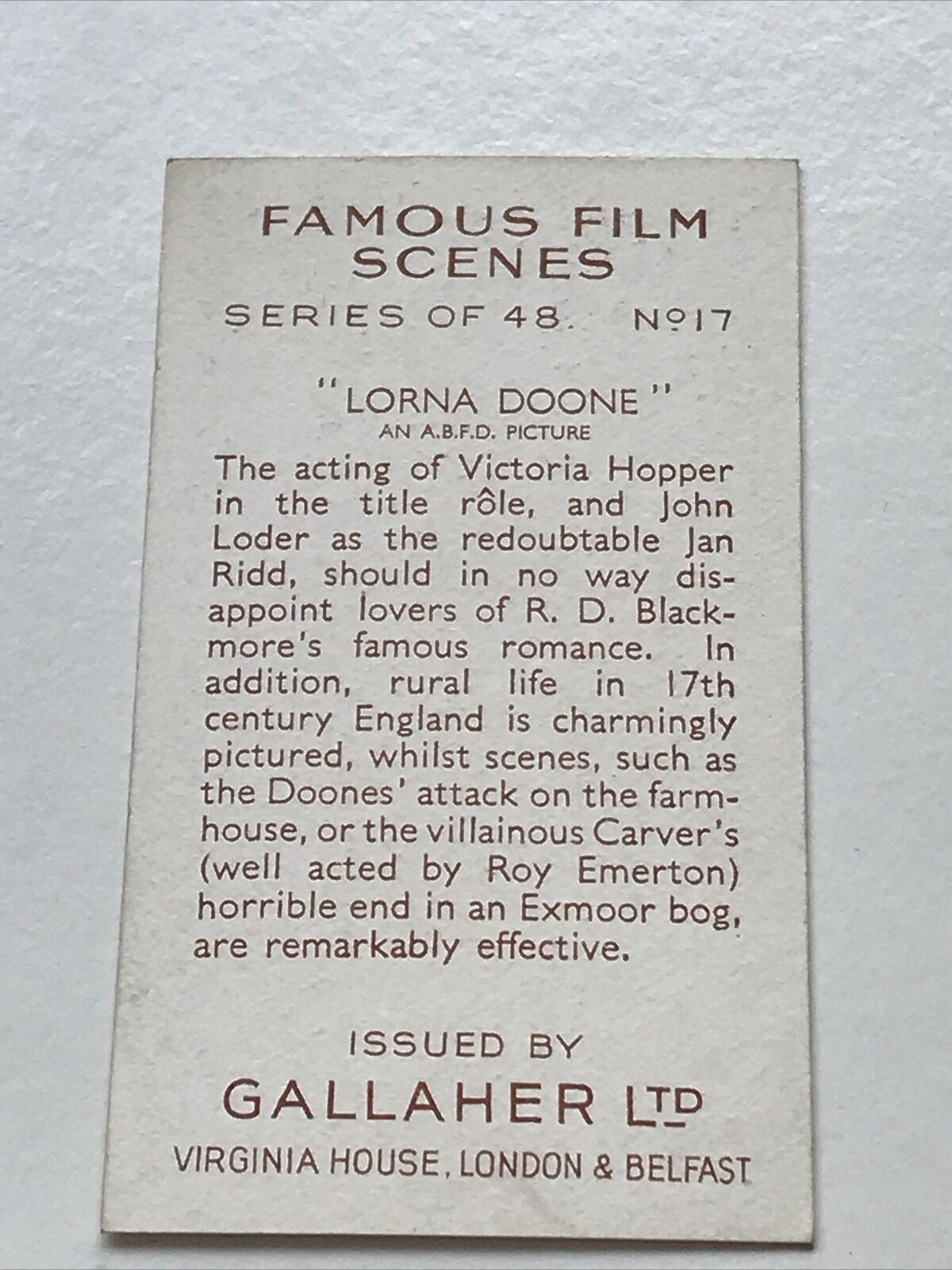 Gallaher Cigarette Card Famous Film Scenes #17 LORNA DOONE VICTORIA HOPPER