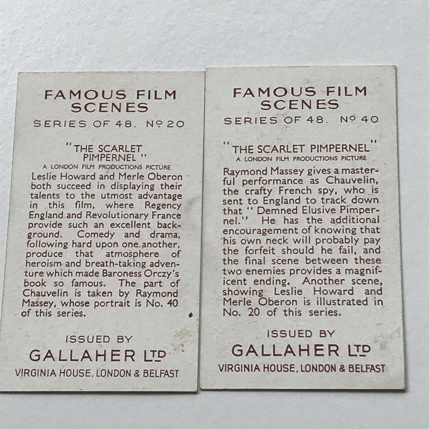 2xGallaher Cigarette Cards Famous Film Scenes #20 40 SCARLET PIMPERNEL 1930s