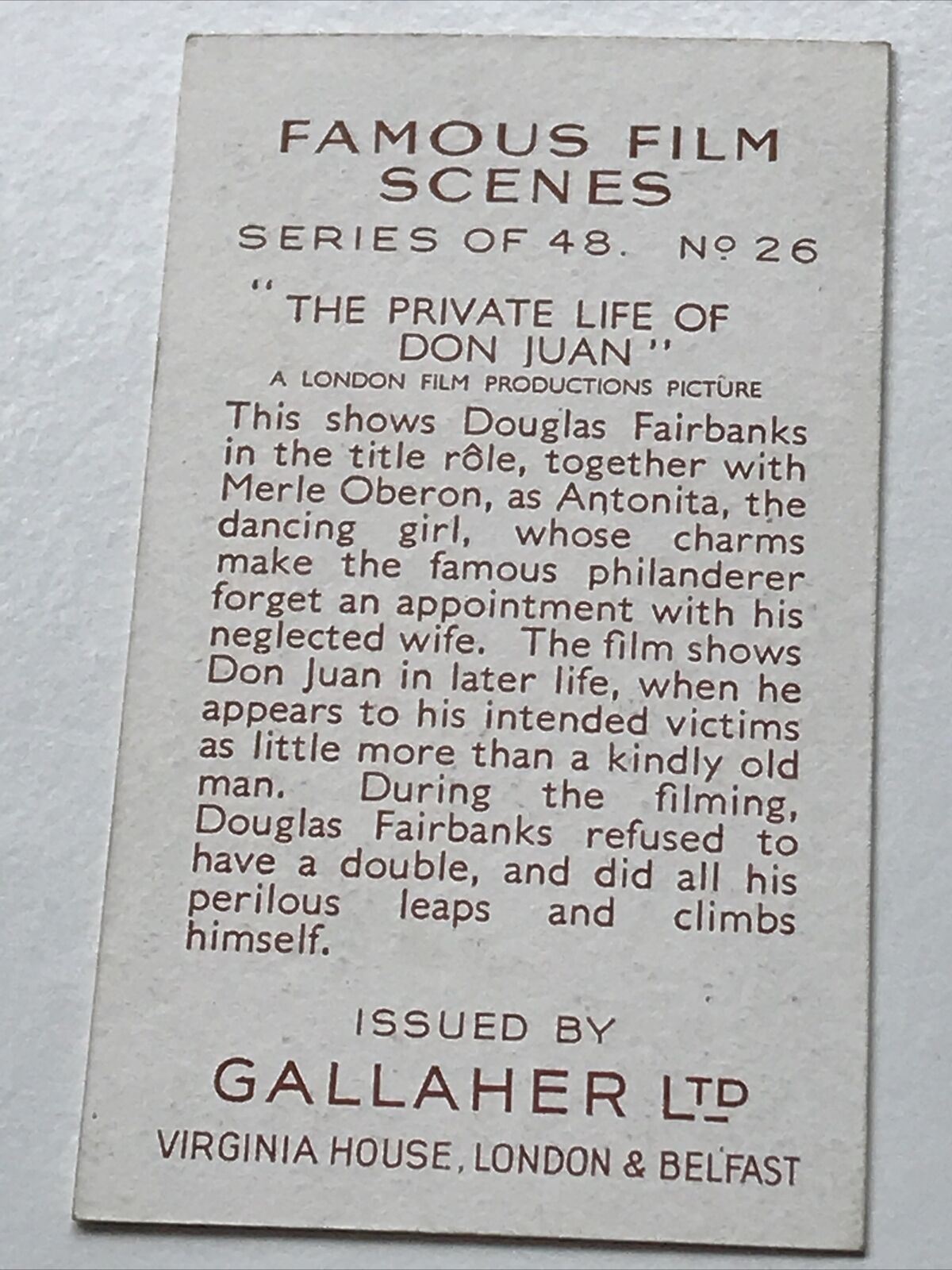 Gallaher Cigarette Card Famous Film Scenes #26 THE PRIVATE LIFE OF DON JUAN