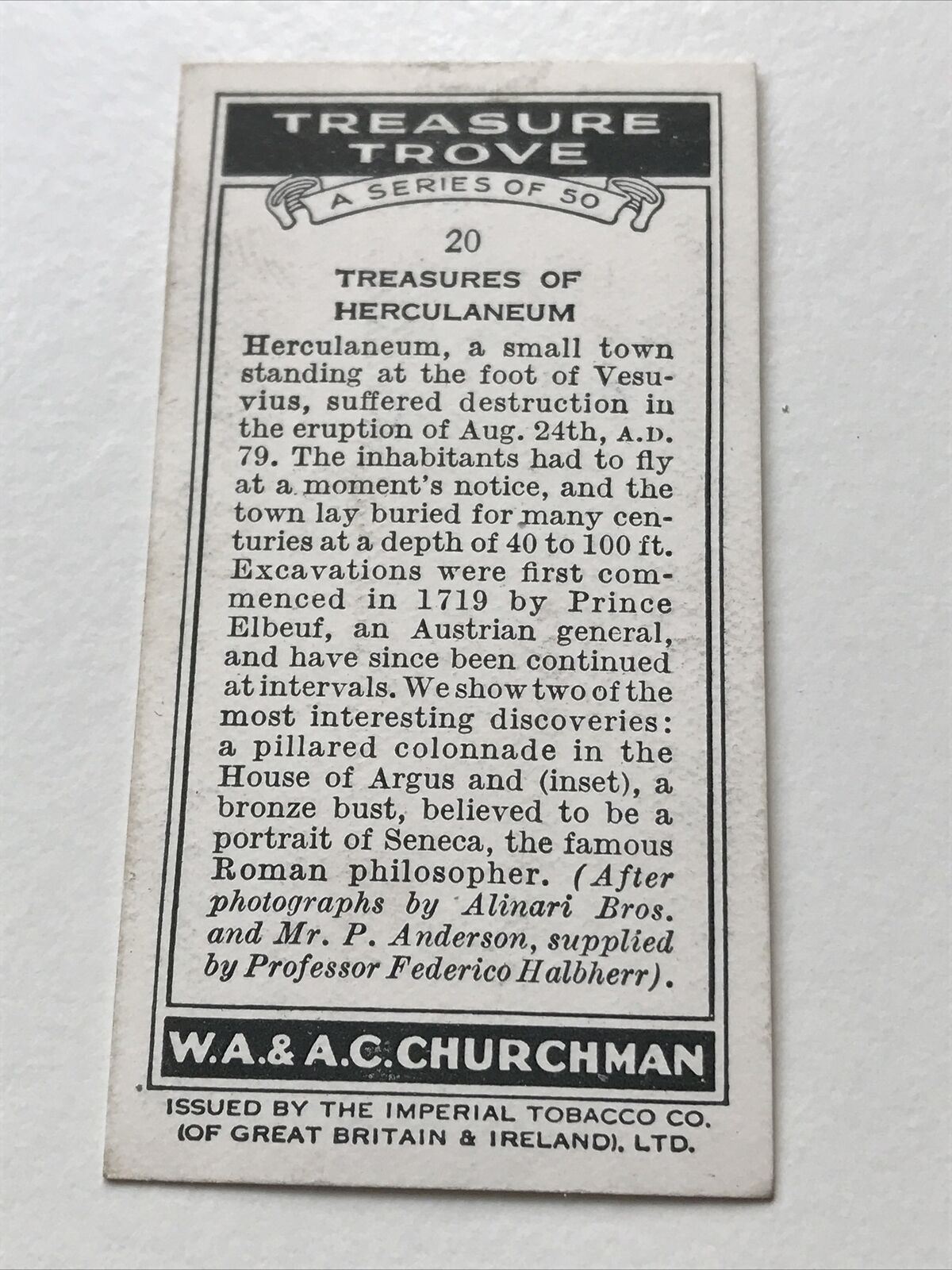 Churchmans Cigarette Card Treasure Trove #20 Treasures Of Herculaneum Vesuvius