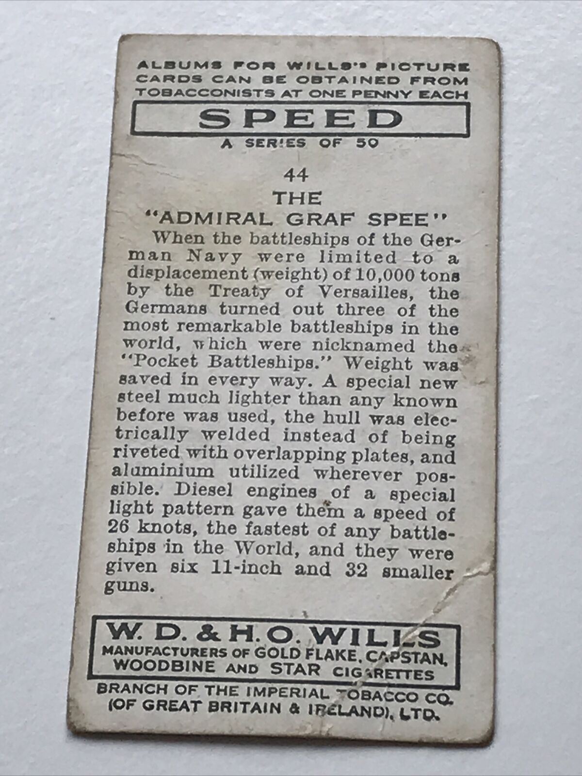 Wills Cigarette Card SPEED #44 THE ADMIRAL GRAF SPEE GERMAN BATTLESHIP 26 Knots