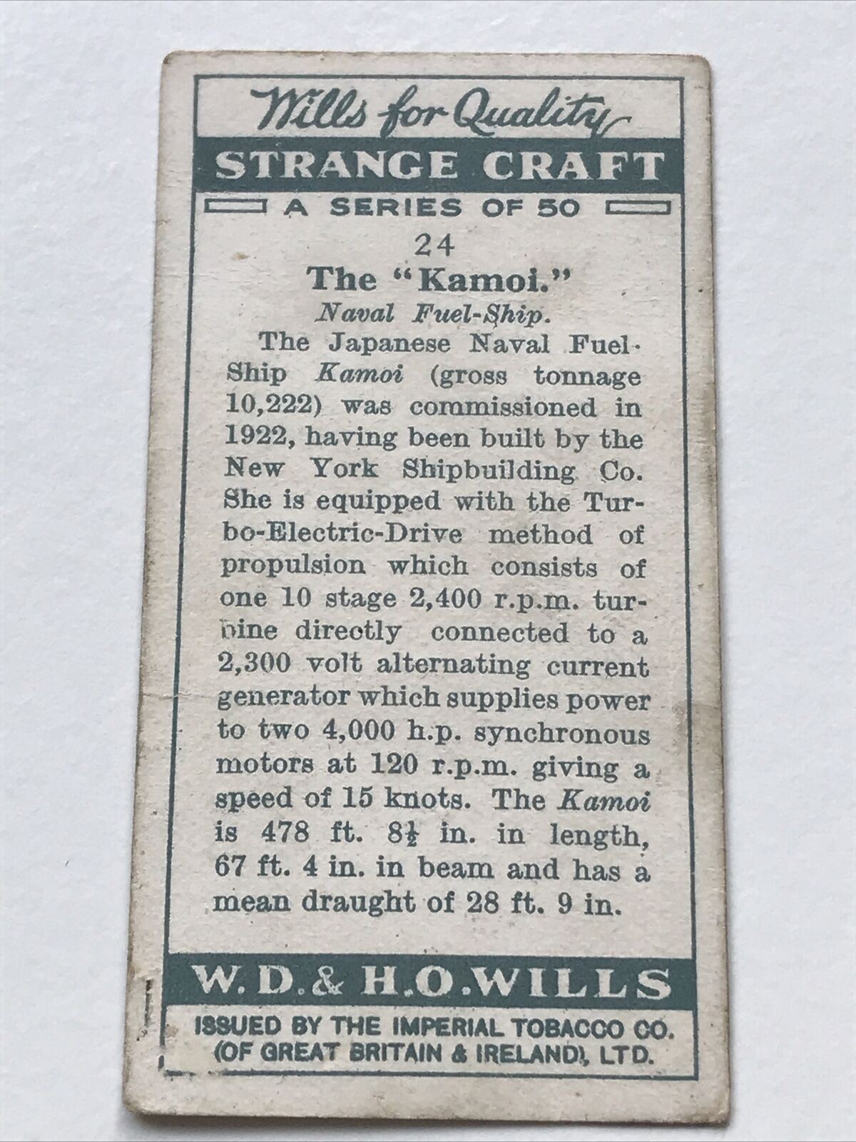 Wills Cigarette Card STRANGE CRAFT #24 THE KAMOI NAVAL FUEL-SHIP JAPANESE