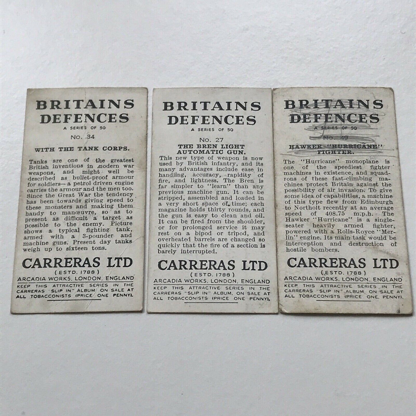 3 x Carreras Cigarette Cards BRITAIN’S DEFENCES #34 27 49 TANK CORPS BREN LIGHT