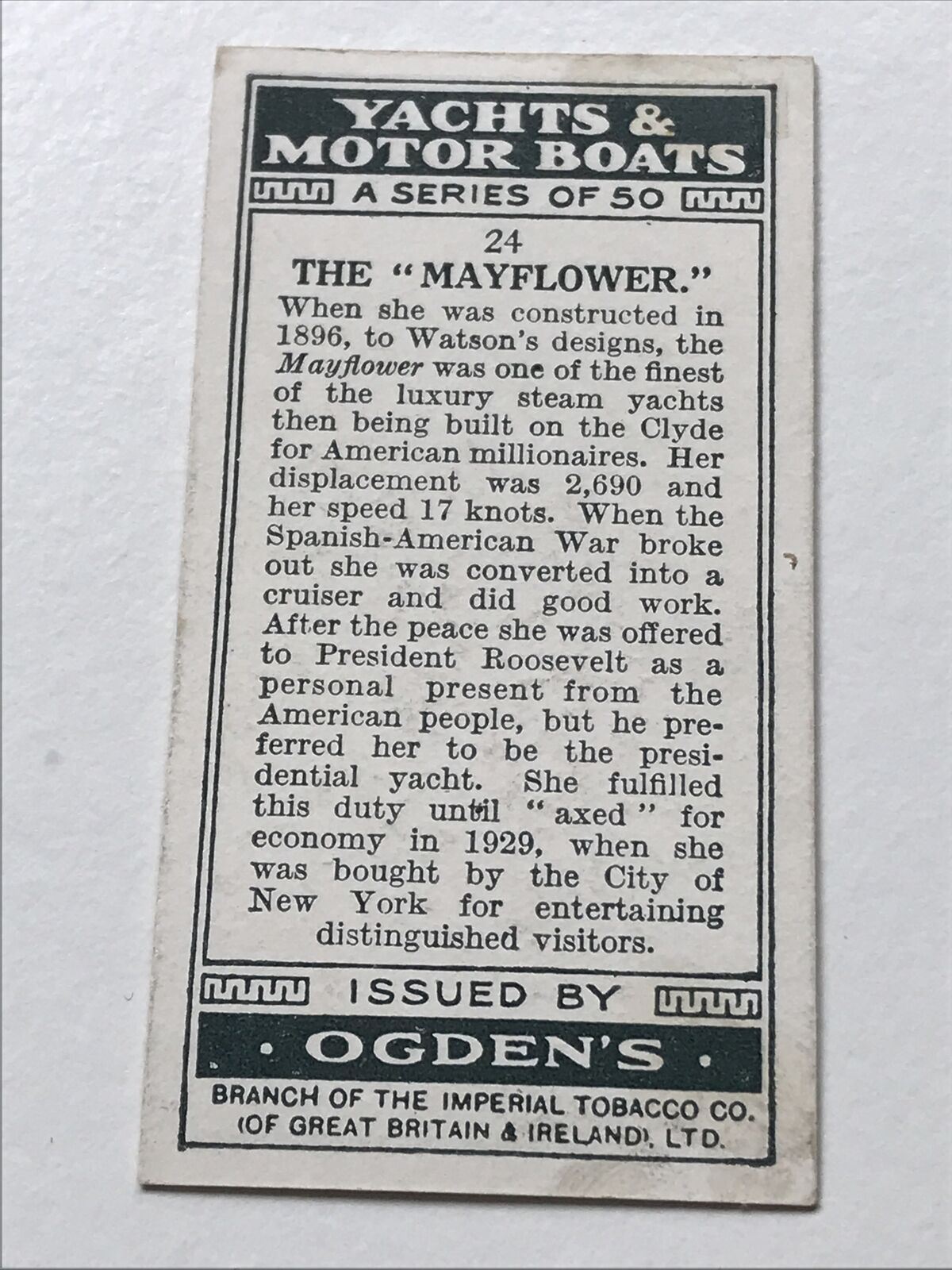 Ogden’s Cigarette Card 1930 YACHTS & MOTOR BOATS #24 The Mayflower Built 1896