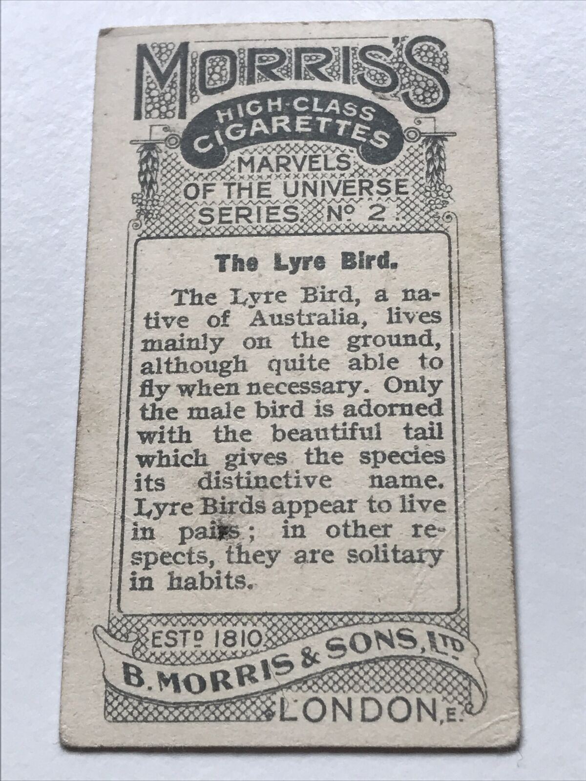 Antique CIGARETTE CARD LYRE BIRD Morris’s Marvels Of The Universe #2 Australian