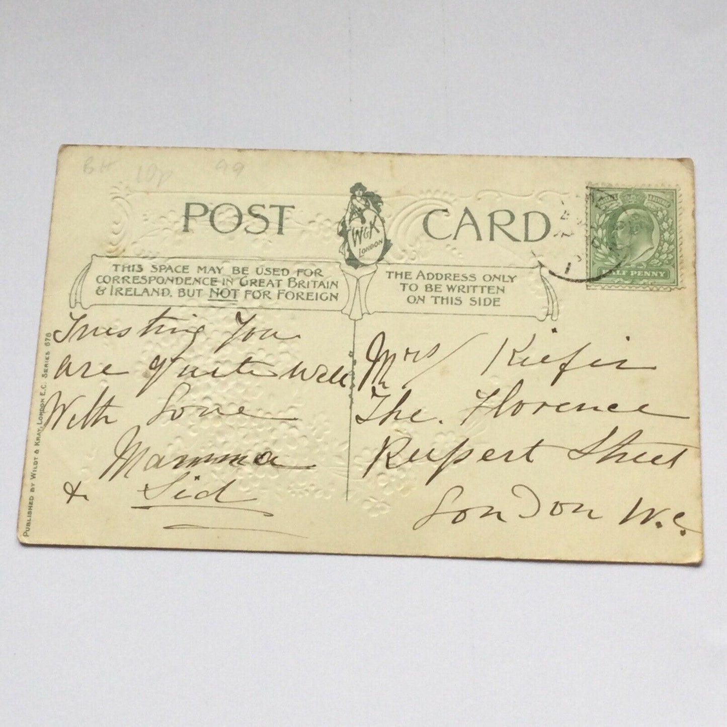 Antique Birthday Postcard  Embossed London Address The Florence, Rupert St, Soho